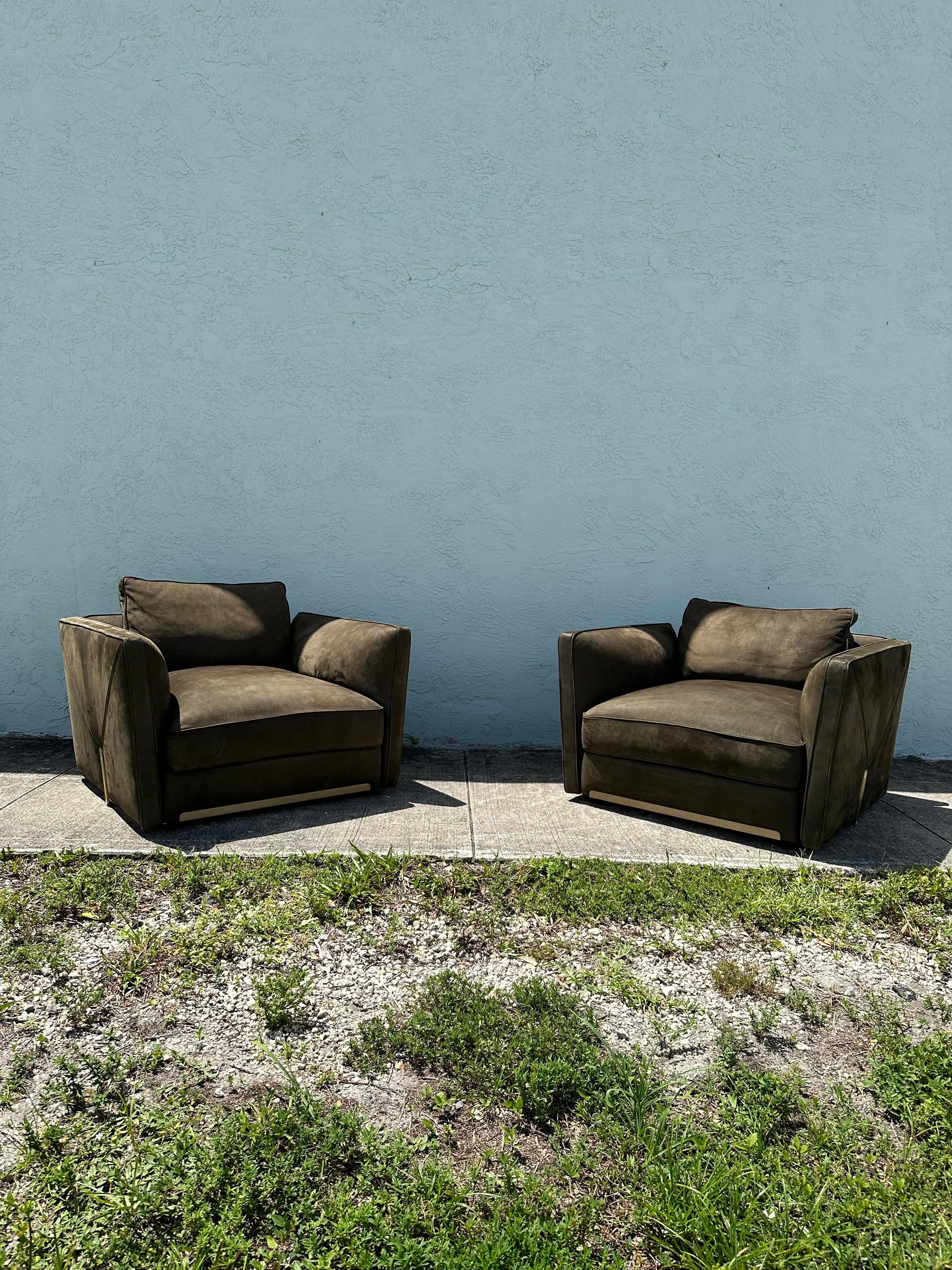 Contemporary Visionarie Italian Olive Green Suede Knole Style Chair, Set of 2 For Sale