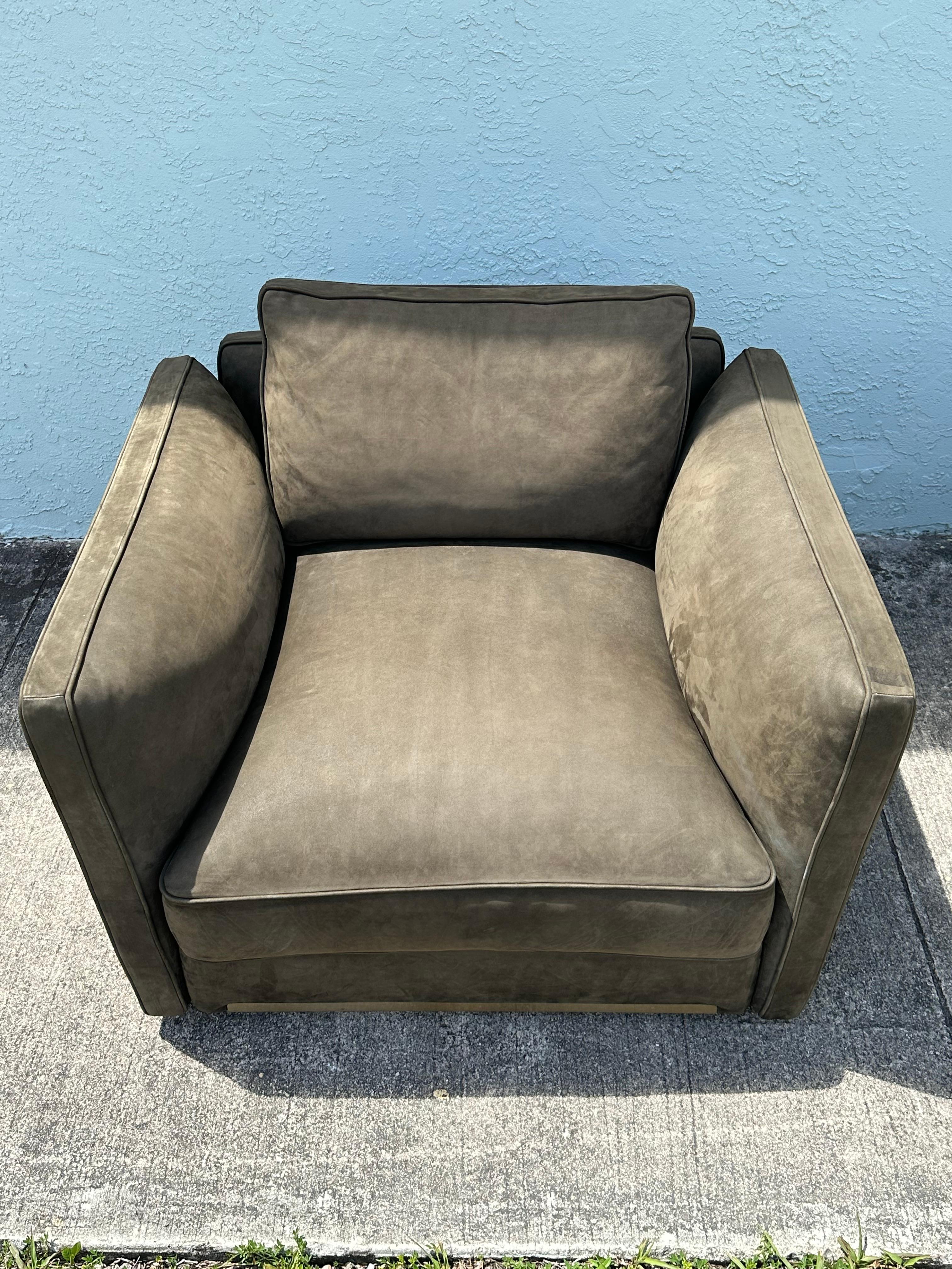 Brass Visionarie Italian Olive Green Suede Knole Style Chair, Set of 2 For Sale