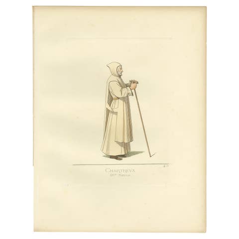 Visions of Solitude: Handcolored Antique Print of a 14th-Century Carthusian Monk