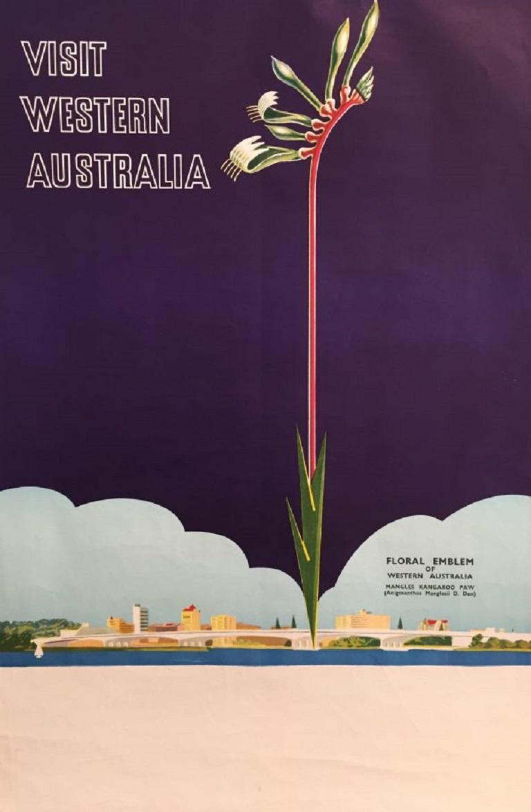 This is an original vintage poster advertising Western Australia as a travel destination. It shows a native flower, representing the Floral Emblem of WA, the Mangles Kangaroo Paw.