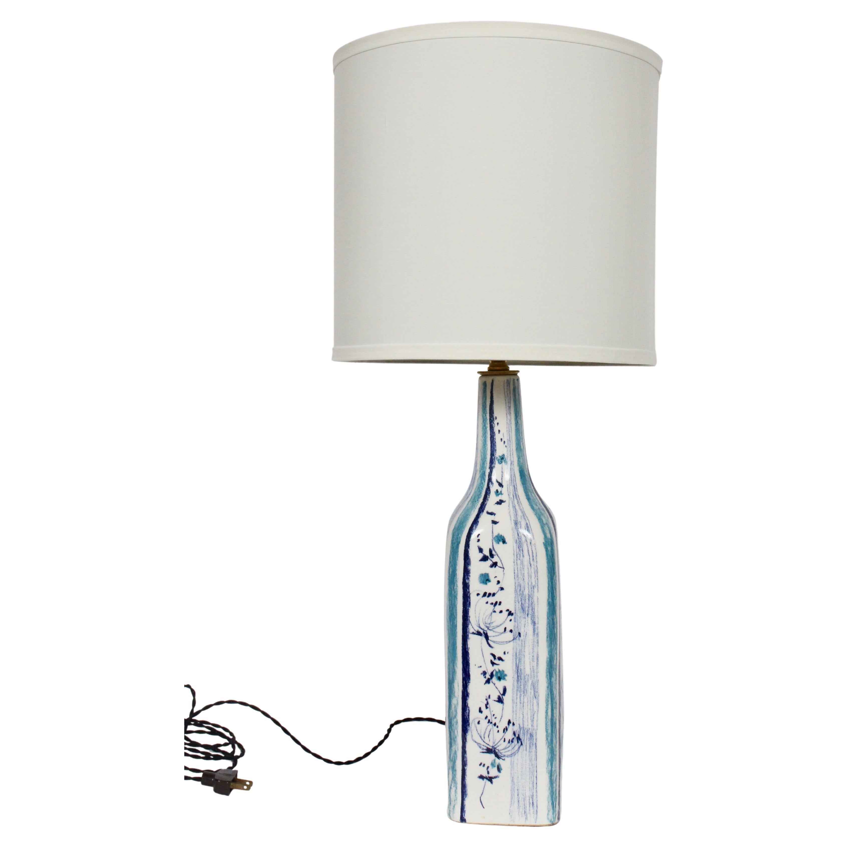 Viso Italy Hand Painted Blue Floral Art Pottery Table Lamp, 1960's For Sale