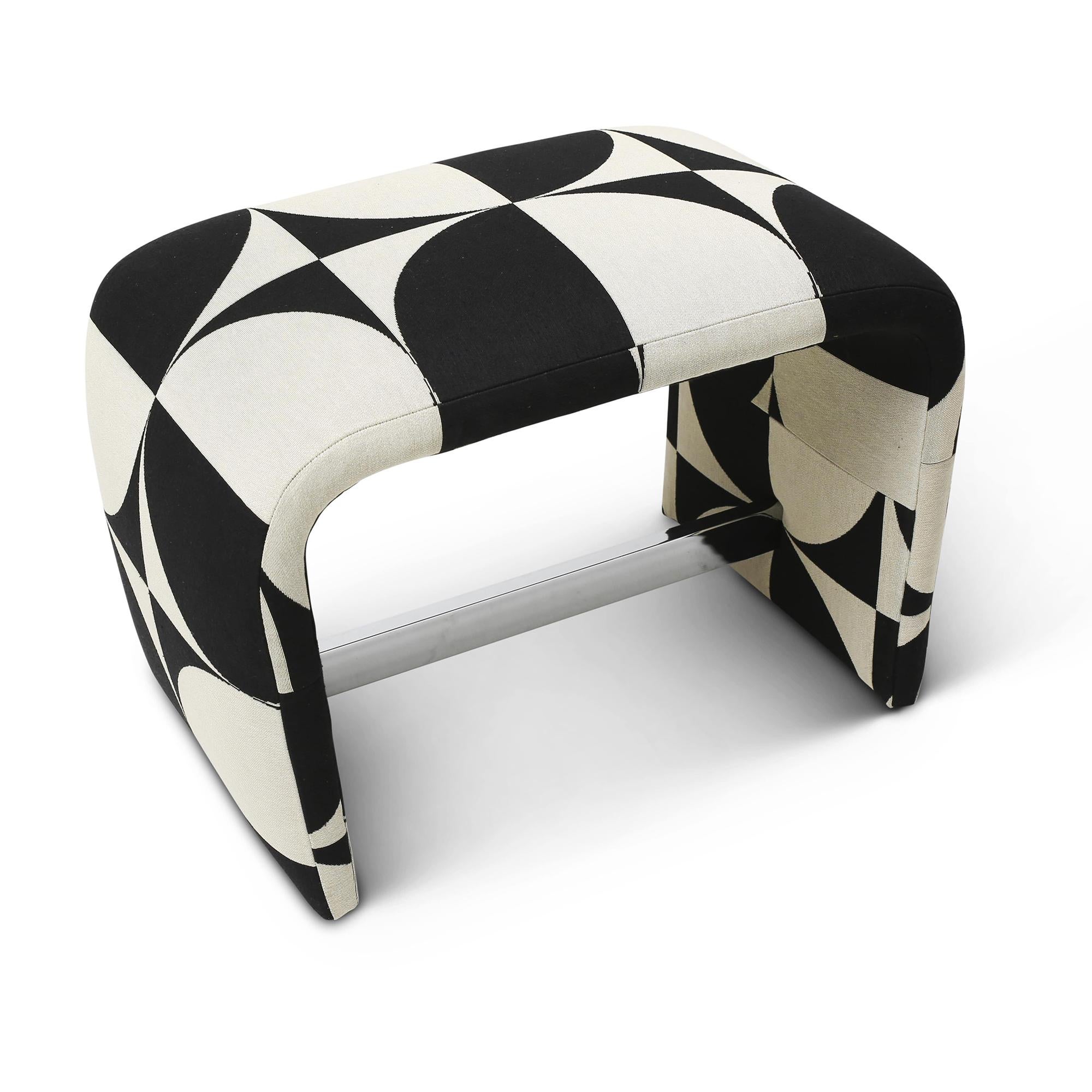 One of a kind 1970s original Milo Baughman for Thayer Coggin waterfall bench/ottoman with chrome base bar, reupholstered in exclusive custom made Viso tapestry fabric. Handmade in the United States.