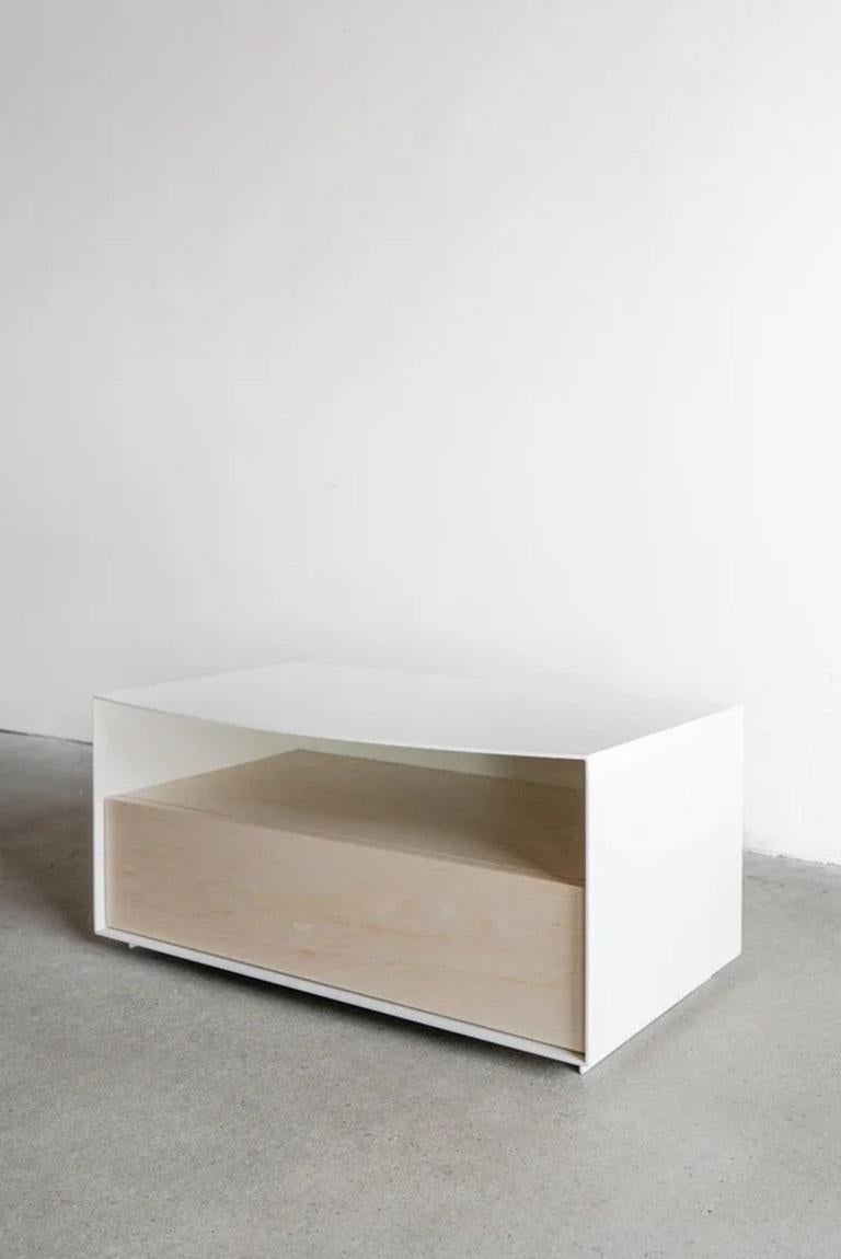 This Vista Nightstand is Custom Made in Los Angeles. The rounded steel top gives creates a bowed illusion on the face of the nightstand. Sleek, push release drawer slides allow for a modern, clean drawer face.
INDUSTRIAL STEEL + BIRCH INTERIOR +