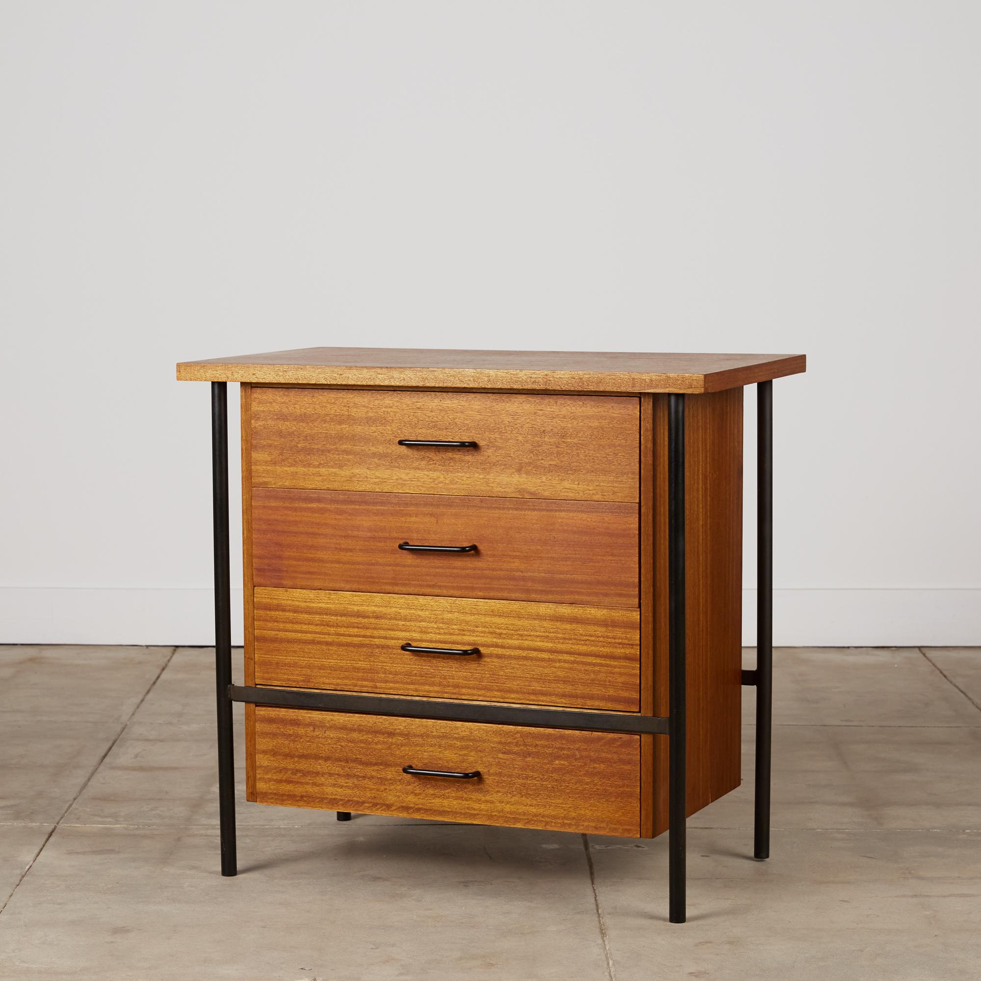 Dresser by Don Knorr for Vista of California, circa 1950s. This four-drawer dresser features a mahogany case with painted steel drawer pulls and tubular steel frame. Don Knorr attended Cranbrook after obtaining an architecture degree and went on to