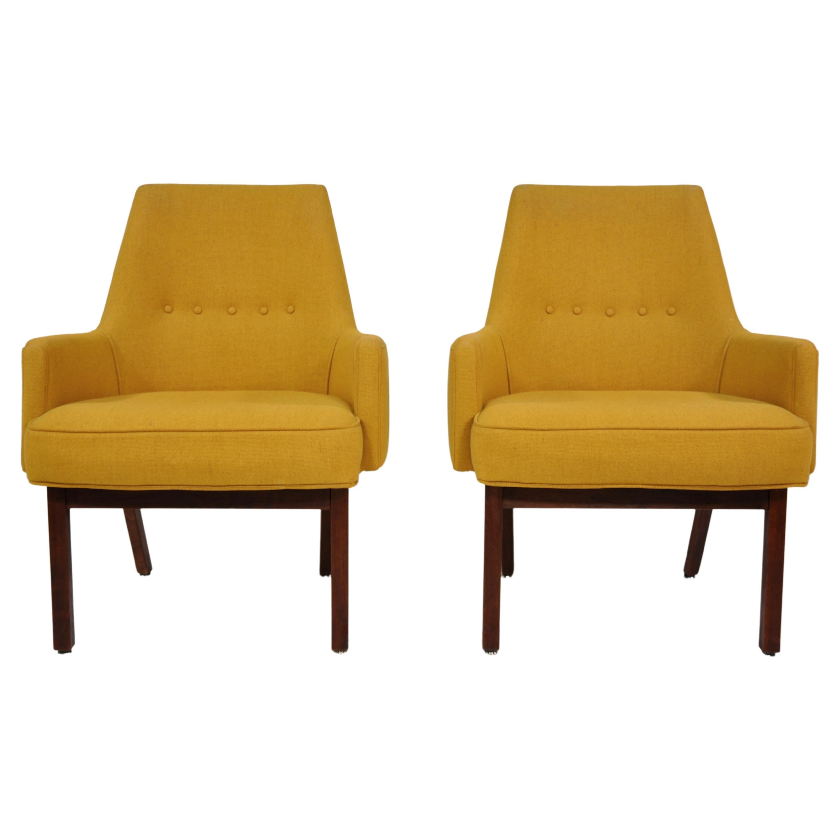 Yellow Wool Walnut Lounge Chairs by Vista of California, a Pair 1