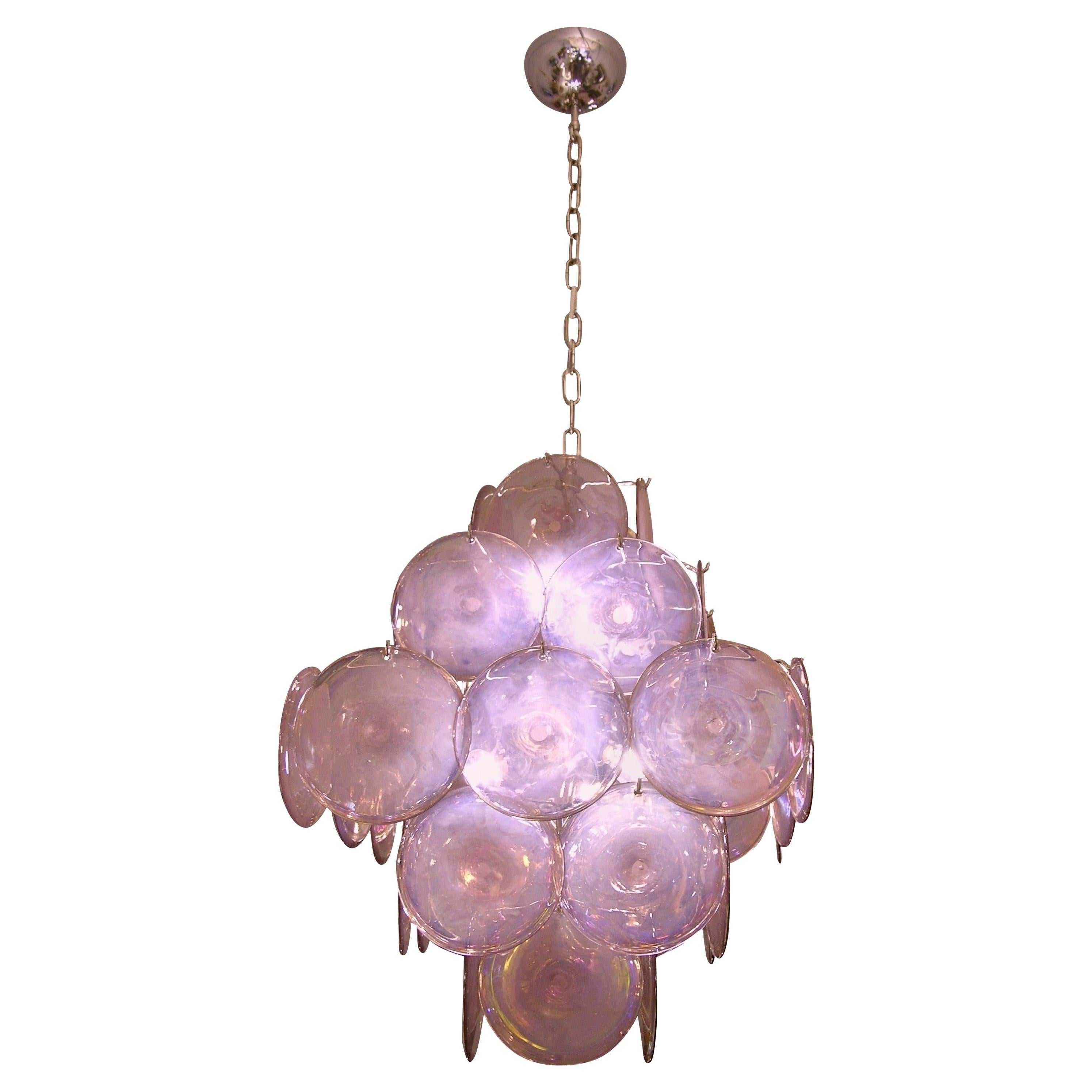 Vistosi 1970s Art Deco Iridescent Pink Amethyst Murano Glass 5-Tier Chandelier