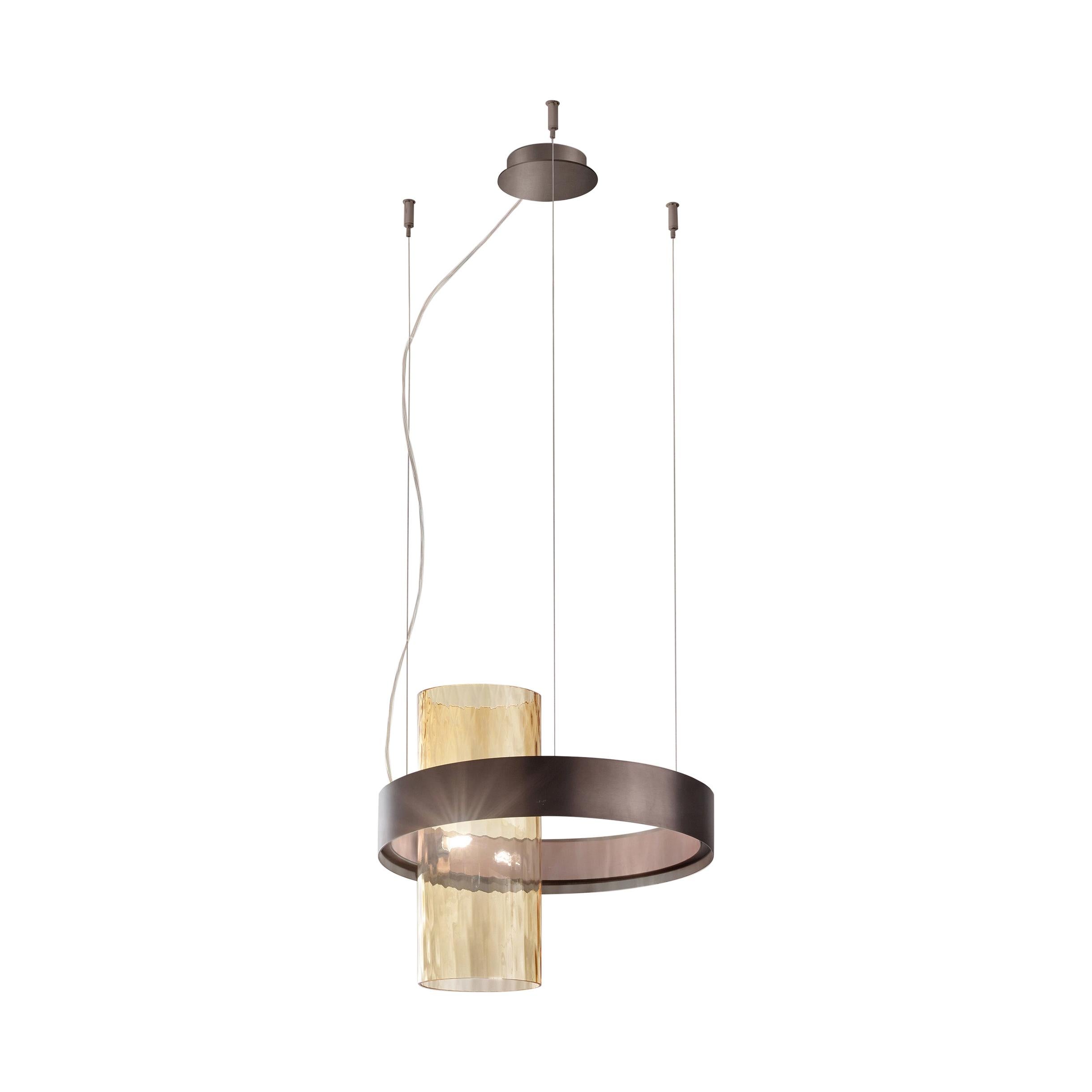 Yellow (Amber and Balloton) Vistosi Armonia Small Suspension Light with Black Brass Frame by Francesco Lucch