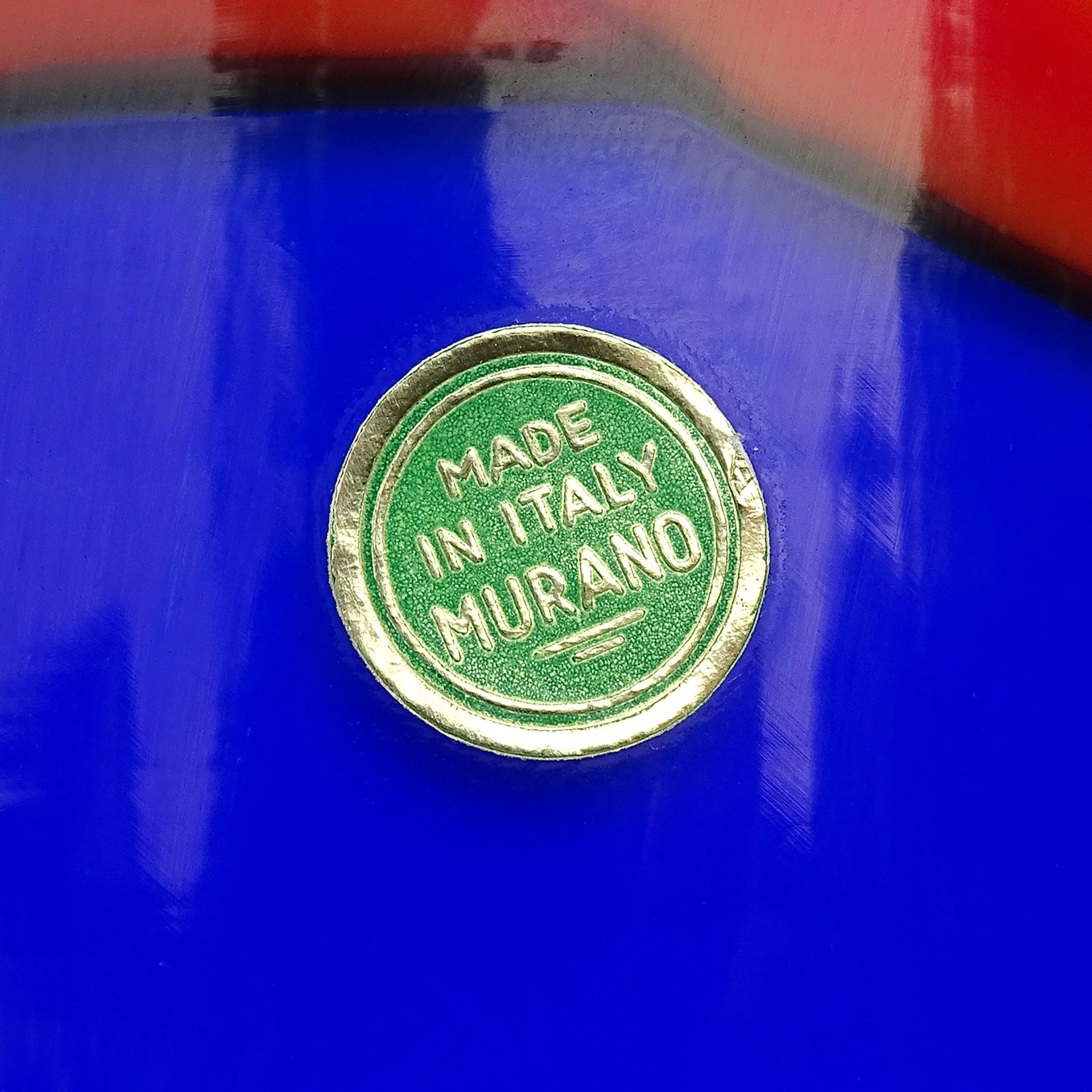 Fait main Vase à fleurs en verre d'art italien Vistosi Bianconi Murano Label Bleu Rouge Bande Blanche en vente