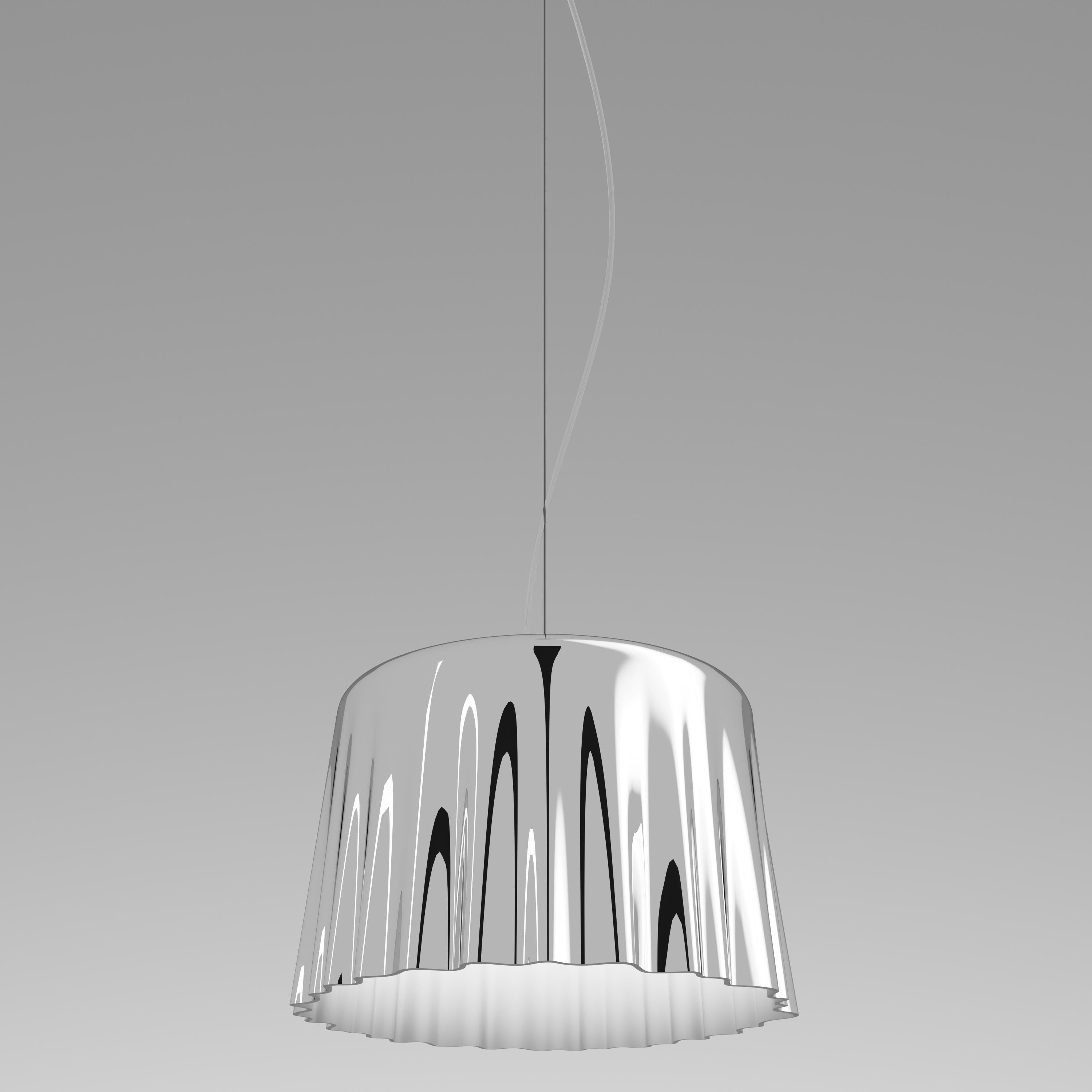 The Cloth collection is characterized by a unique blown glass technique that seems to turn the solid shade into pleated fabric. Featured pendant light in white and chrome. The chrome version has an exclusive outer chrome coating in white that looks