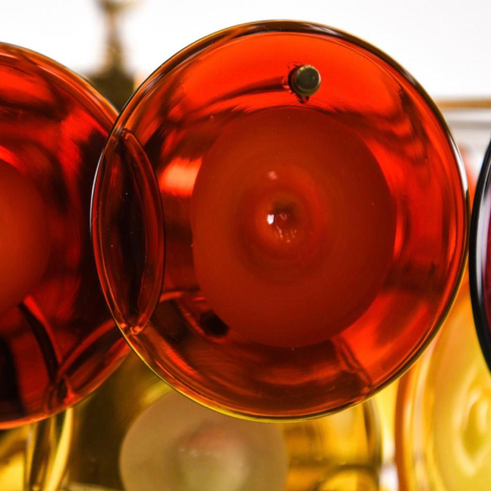 20th Century Vistosi Crimson, Amber and Cream Murano Glass Disk Chandelier, Brass, 1960s For Sale