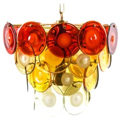 Vistosi Crimson, Amber and Cream Murano Glass Disk Chandelier, Brass, 1960s