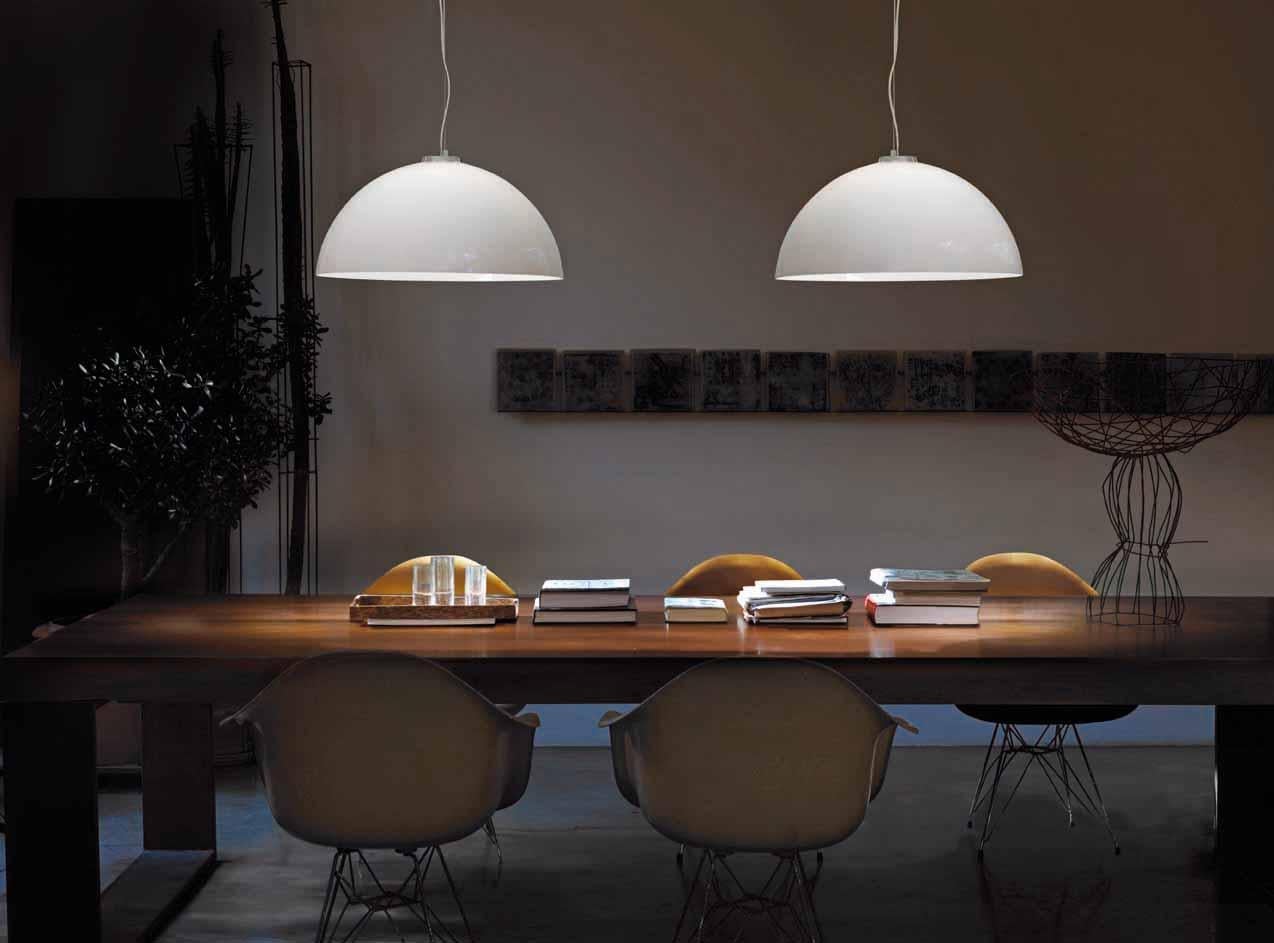The Dress series offers a clean design that can be adapted to any contemporary atmosphere. Pendant light glass color in glossy white. Metal parts in chrome. E26 lighting. Dimensions are in reference to the light fixture and not inclusive of the