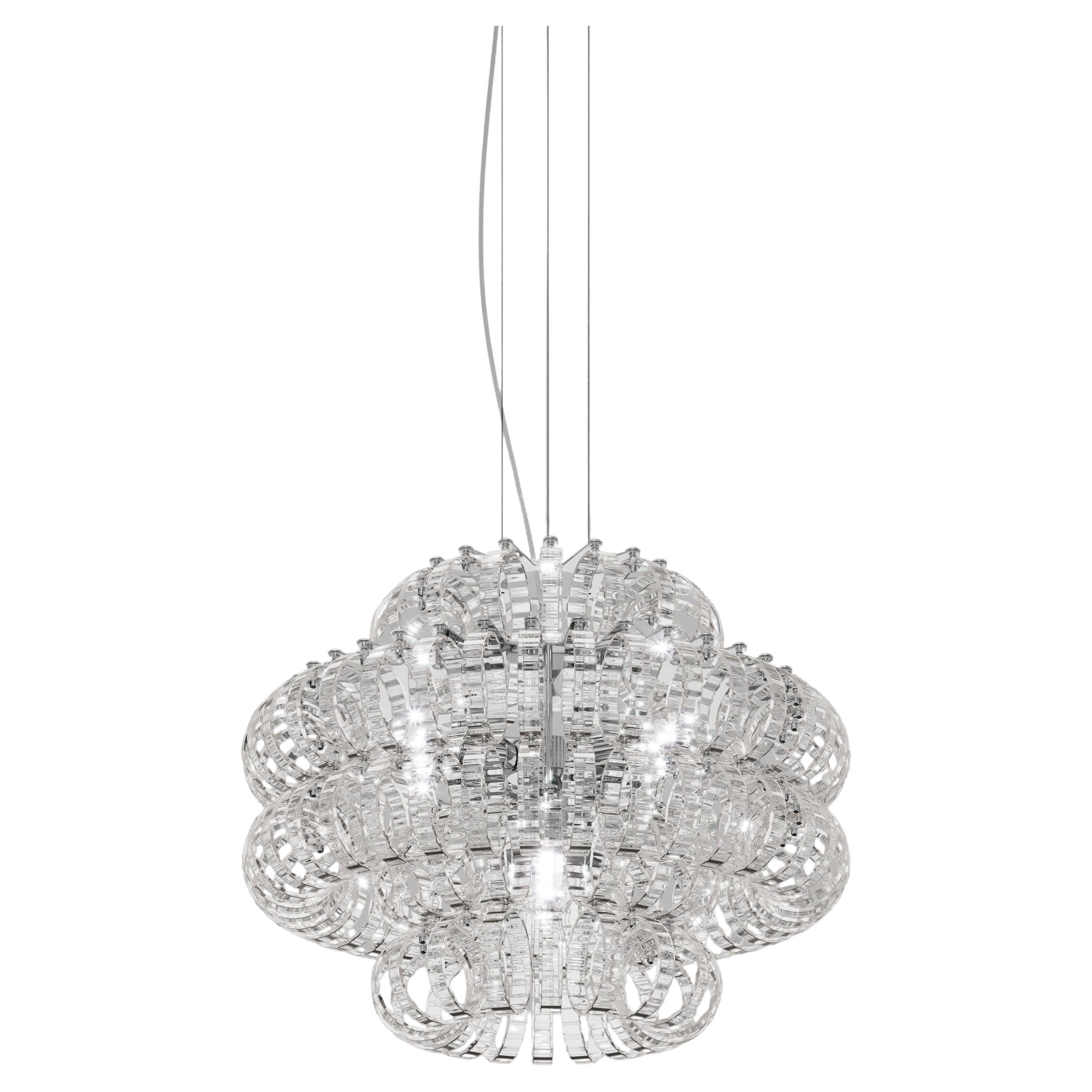 Vistosi Ecos Pendant Light in Crystal Striped Glass And Glossy Chrome Frame For Sale
