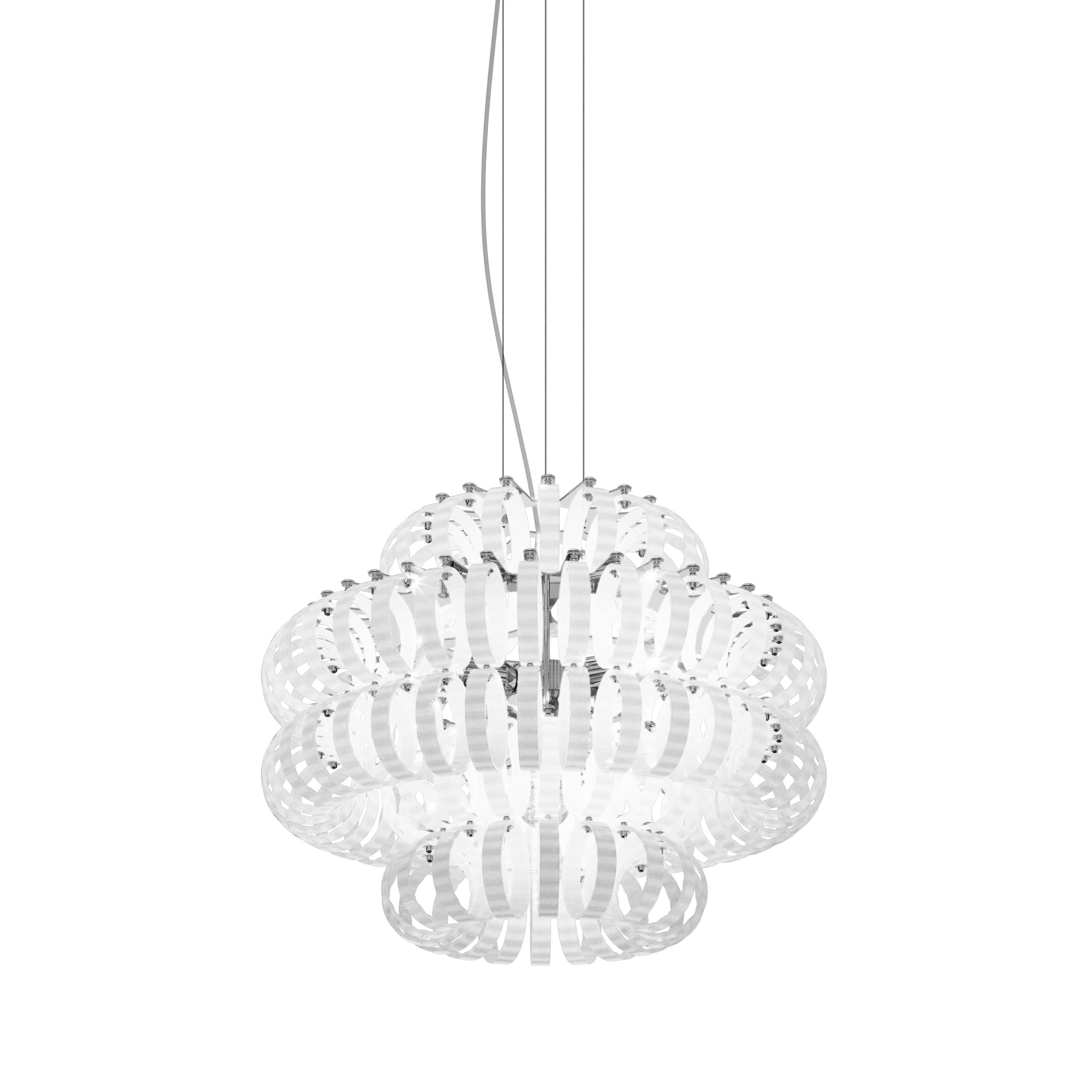 Modern Vistosi Ecos Pendant Light in White Striped Glass And Glossy Chrome Frame For Sale