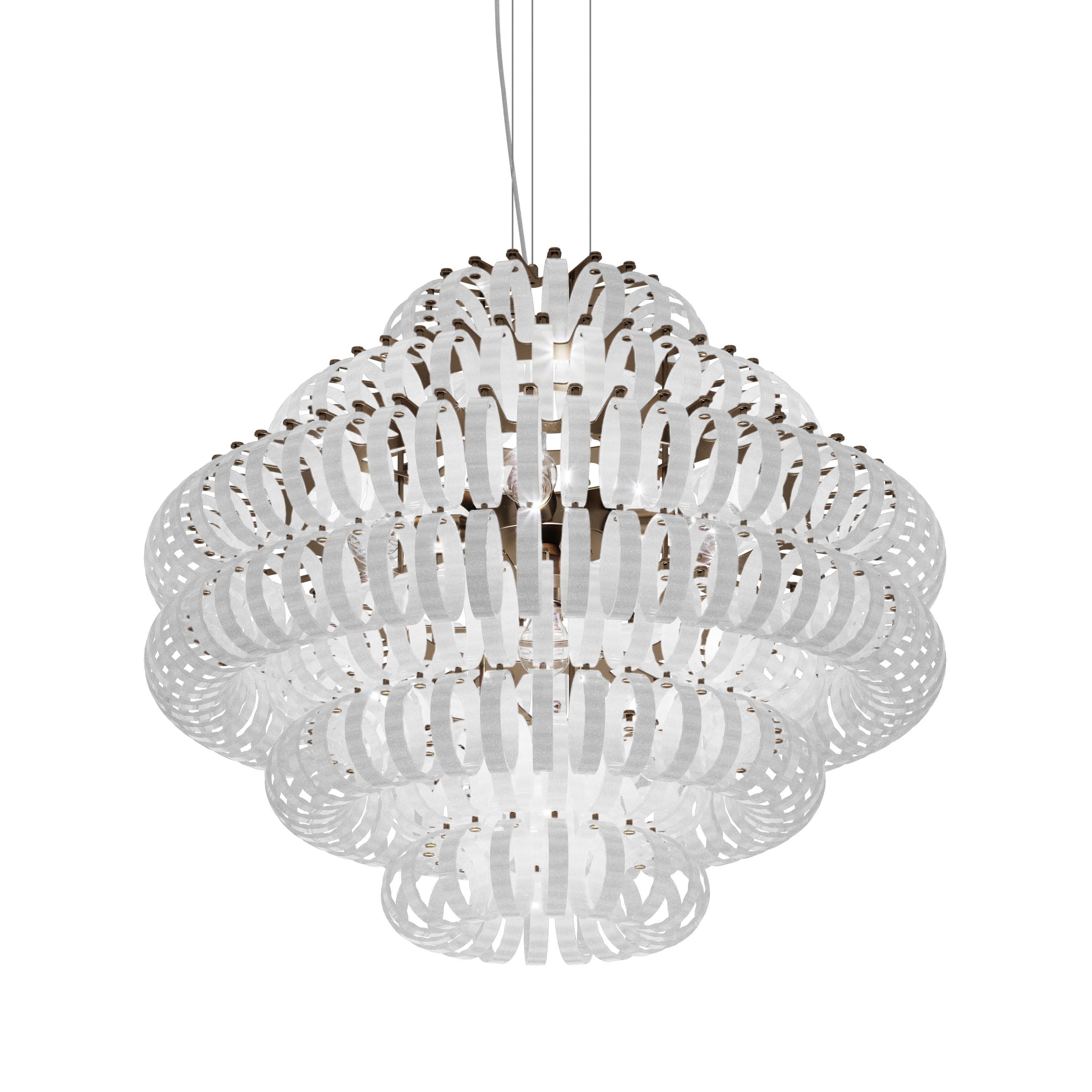 Moderne Lampe à suspension Ecos de Vistosi en verre rayé blanc et cadre en bronze mat en vente