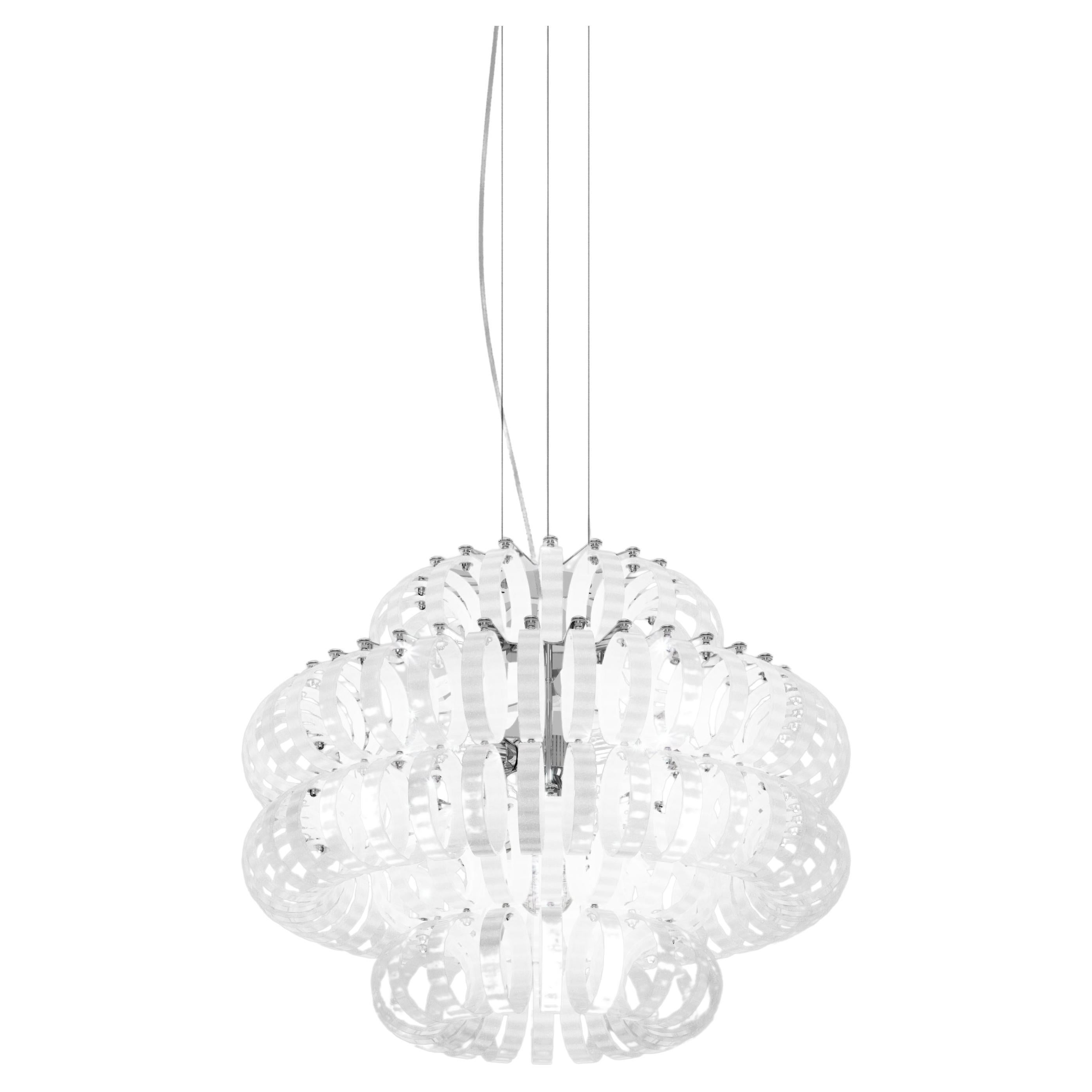 Vistosi Ecos Pendant Light in White Striped Glass And Glossy Chrome Frame For Sale