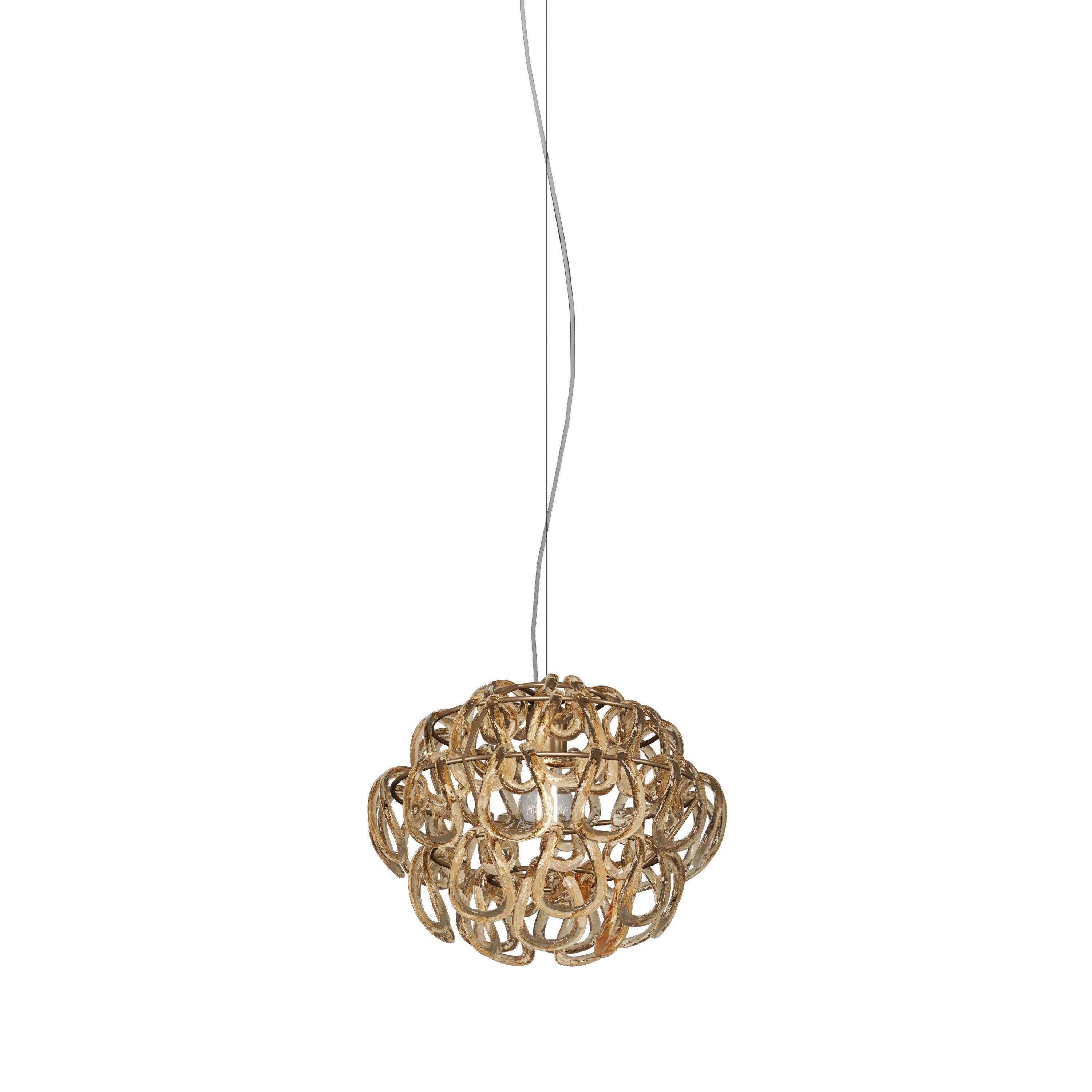 Moderno Vistosi Giogali, lampada a sospensione con vetro ambrato e montatura in bronzo opaco in vendita