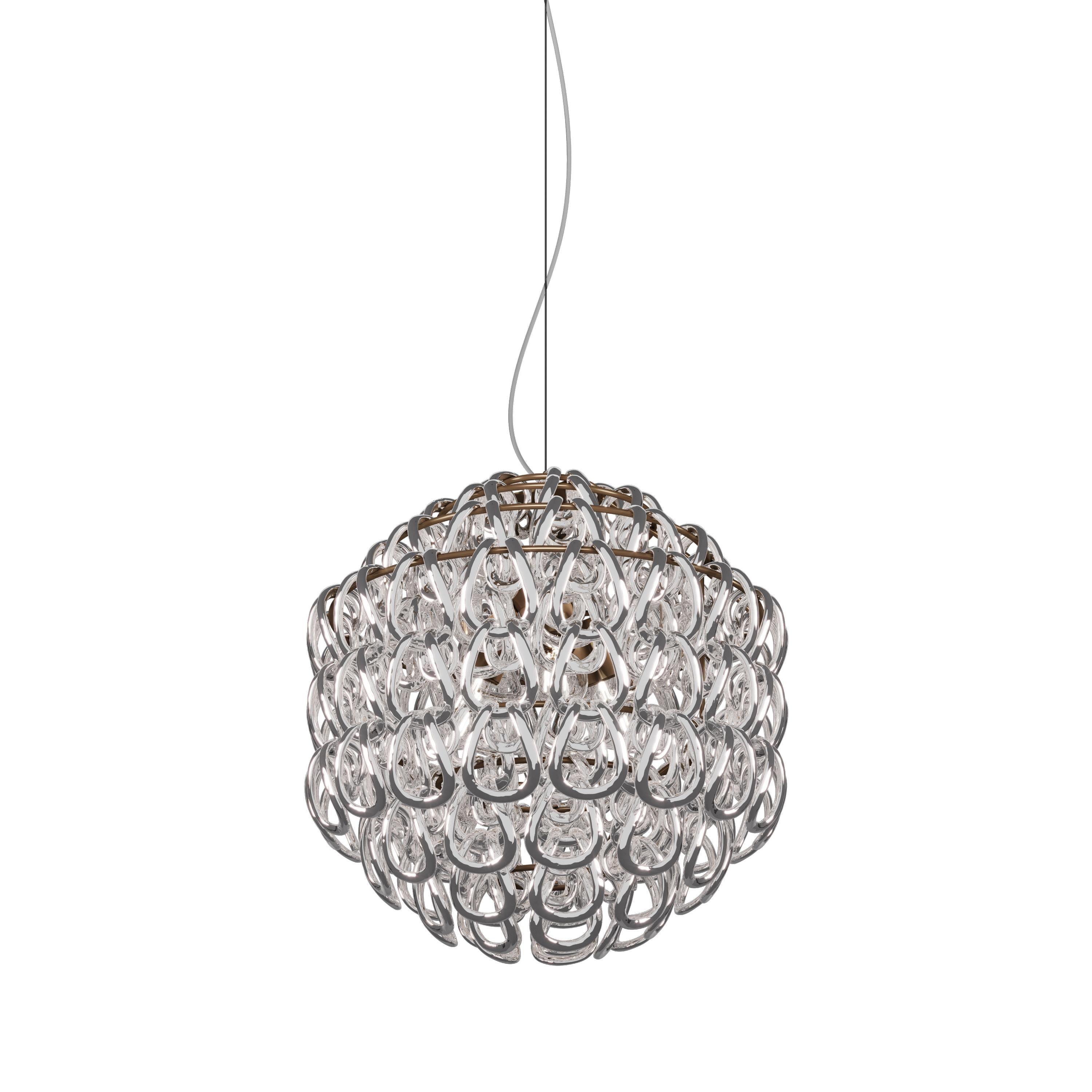 Moderne Lampe à suspension Vistosi Giogali en cristal, verre argenté et cadre en bronze mat en vente