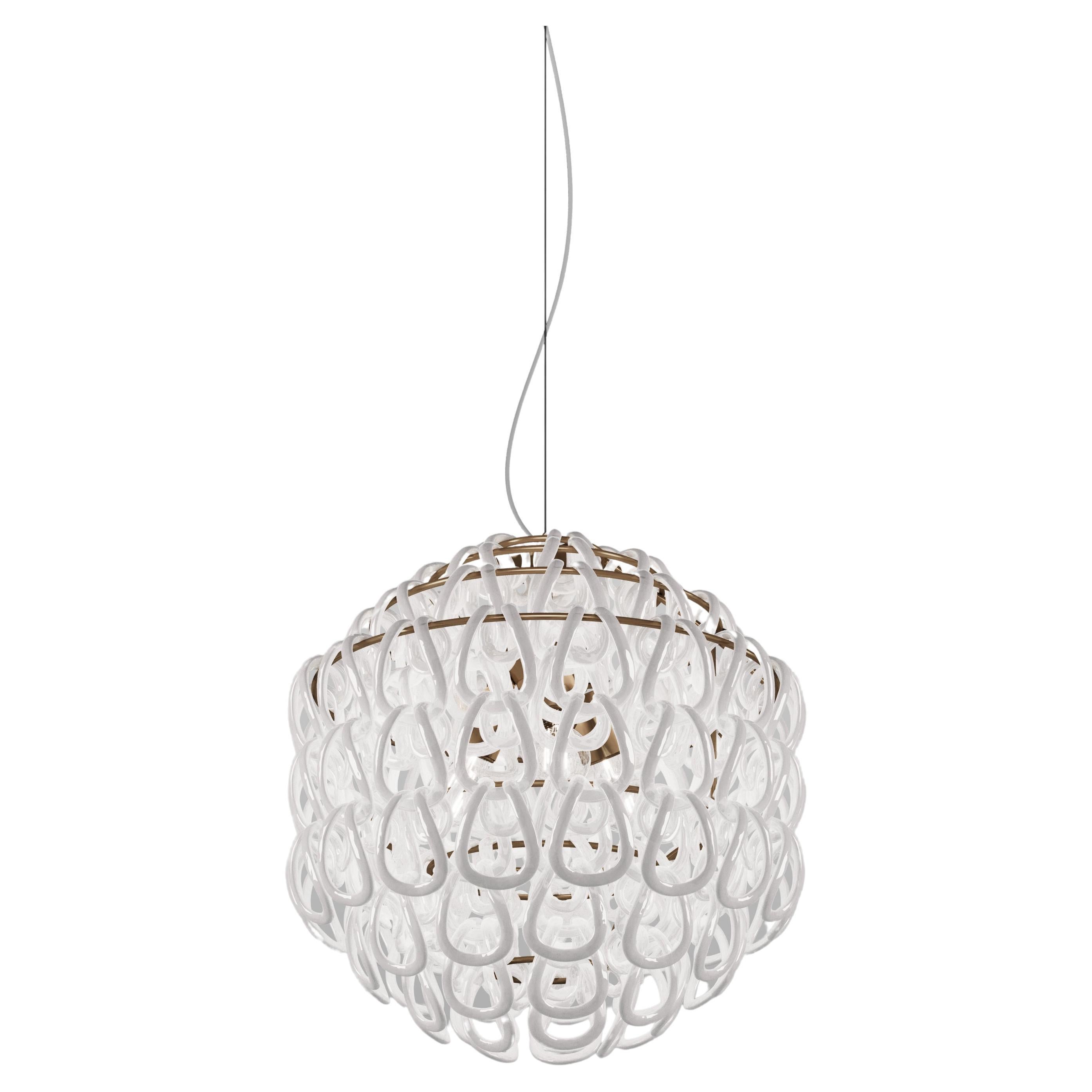 Vistosi Giogali Pendant Light in White Glass And Matt Bronze Frame For Sale