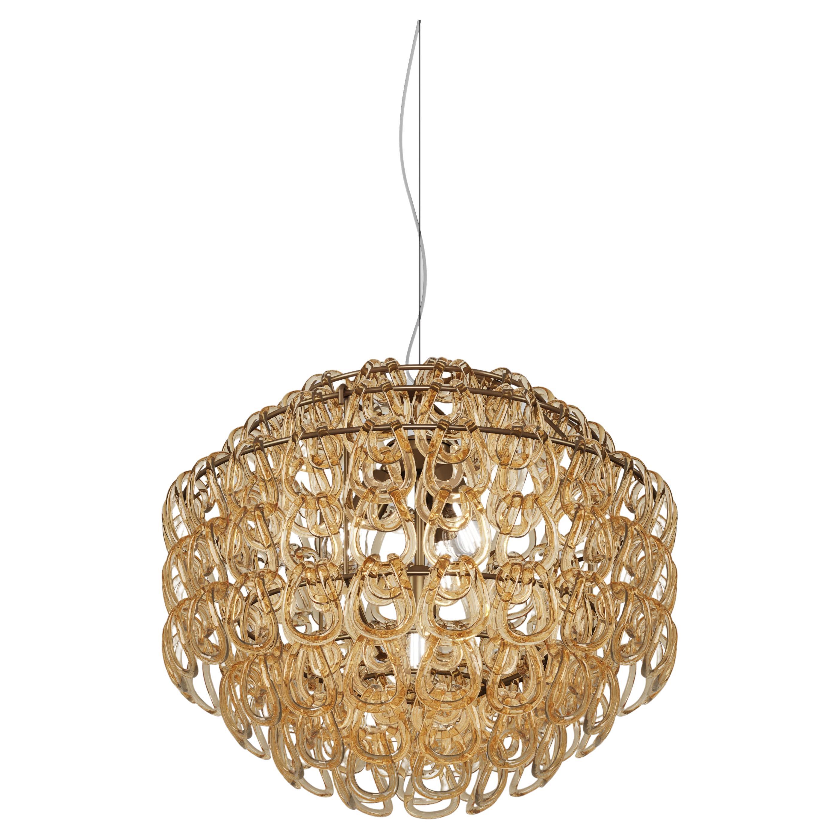 Vistosi Giogali Pendant Light in Crystal Amber Glass And Matt Bronze Frame For Sale