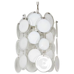Vistosi Italian 1970s White and Clear Glass Disc Chandelier