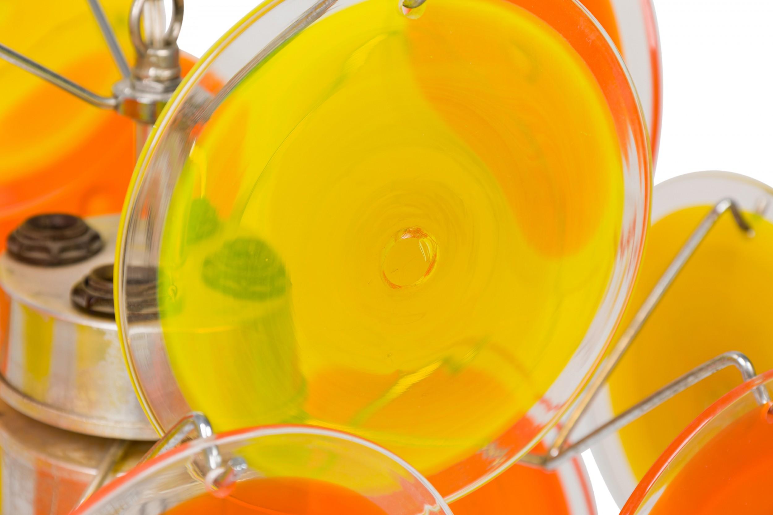 Mid-Century Modern Vistosi Italian Bright Orange Blown Glass Disk & Silver Metal Chandelier For Sale