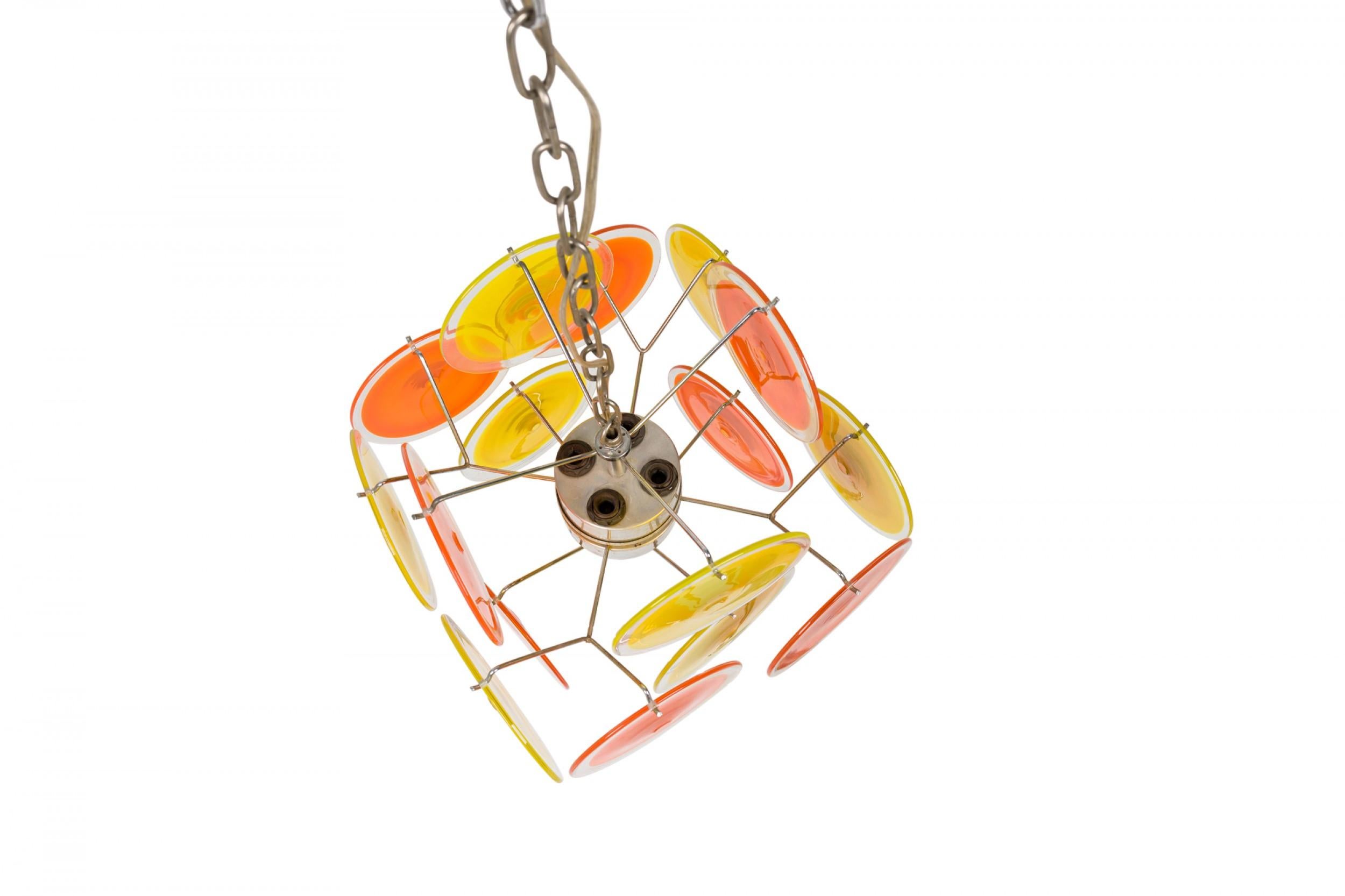Hand-Crafted Vistosi Italian Bright Orange Blown Glass Disk & Silver Metal Chandelier For Sale