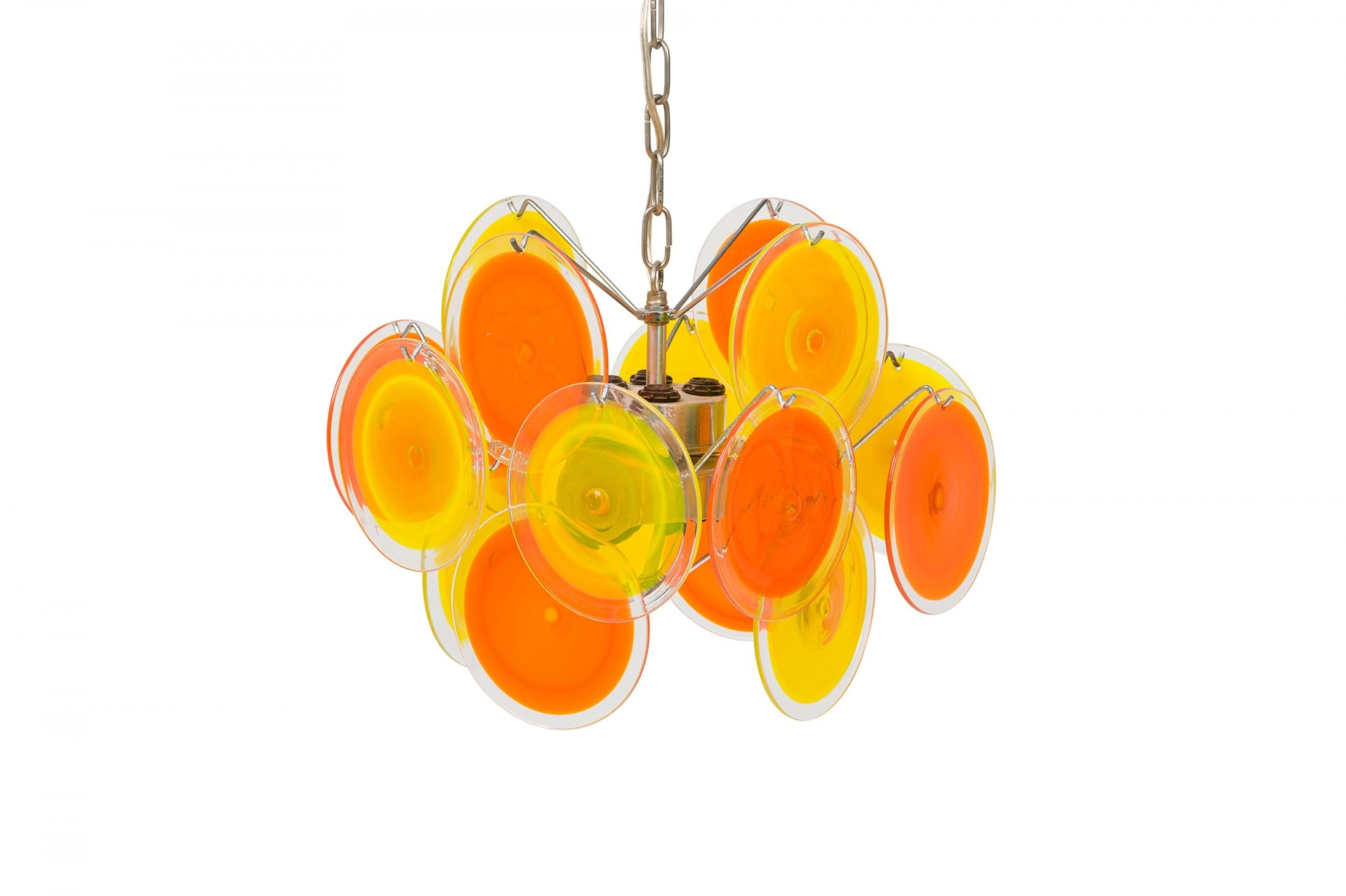 Vistosi Italian Bright Orange Blown Glass Disk & Silver Metal Chandelier In Good Condition For Sale In Queens, NY