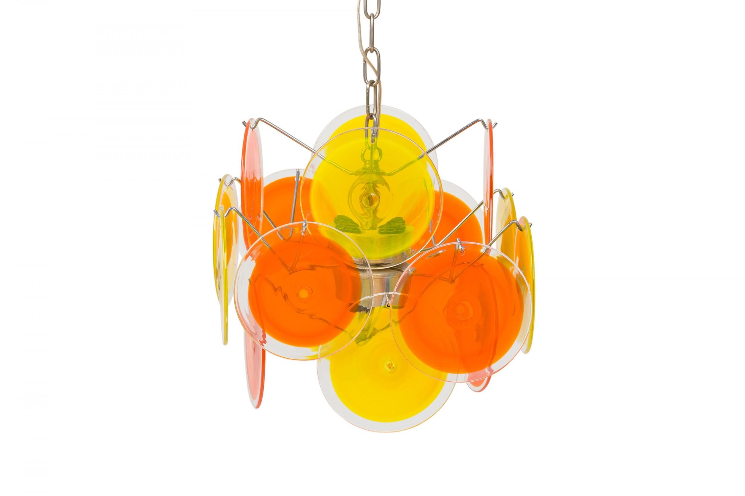 20th Century Vistosi Italian Bright Orange Blown Glass Disk & Silver Metal Chandelier For Sale