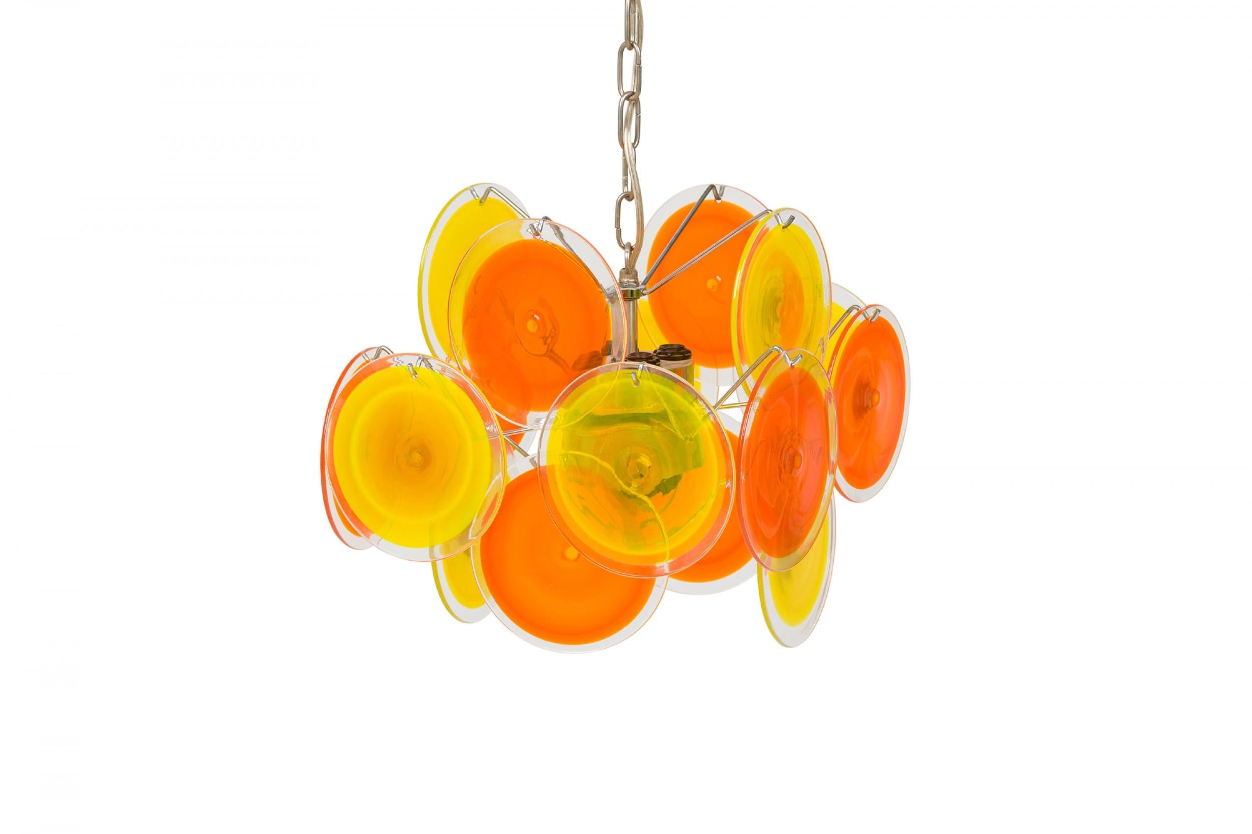 Vistosi Italian Bright Orange Blown Glass Disk & Silver Metal Chandelier For Sale 2