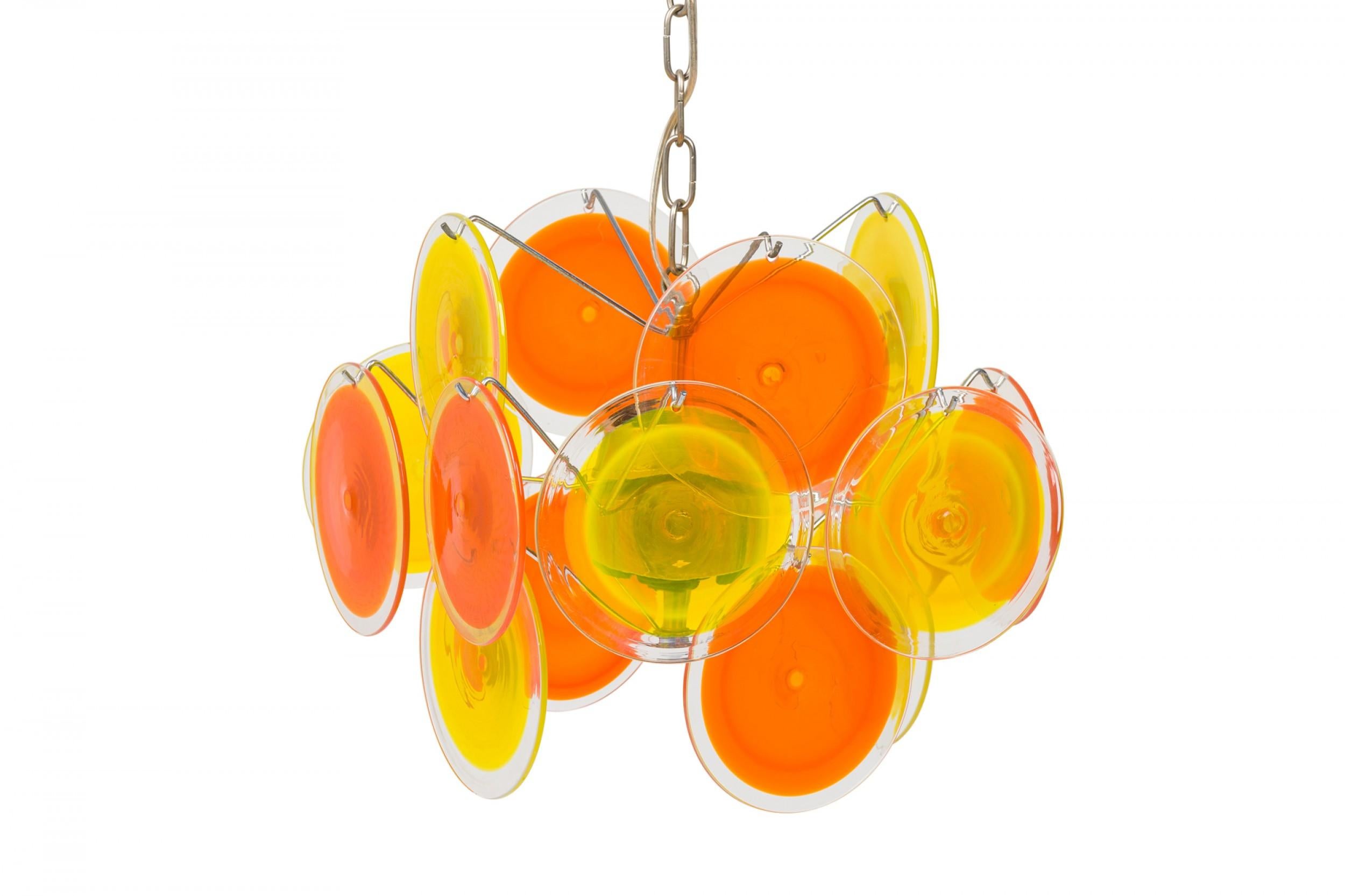 Vistosi Italian Bright Orange Blown Glass Disk & Silver Metal Chandelier For Sale 3