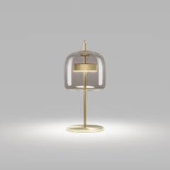 Vistosi Würfel-Tischlampe aus rauchfarbenem, durchsichtigem Glas und mattem Gold