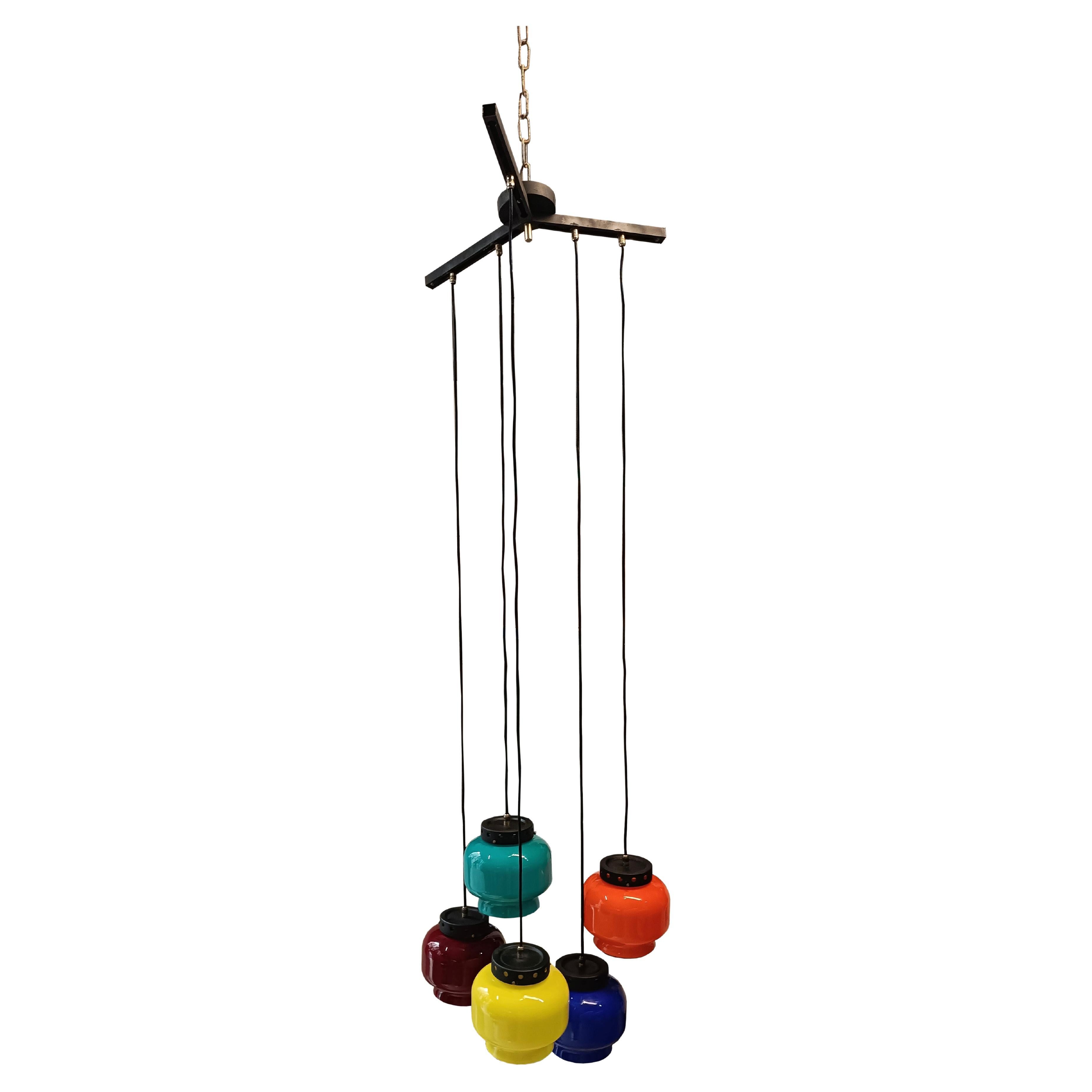 Vistosi Colored Glass Pendant Element Chandelier, Italy 1960s