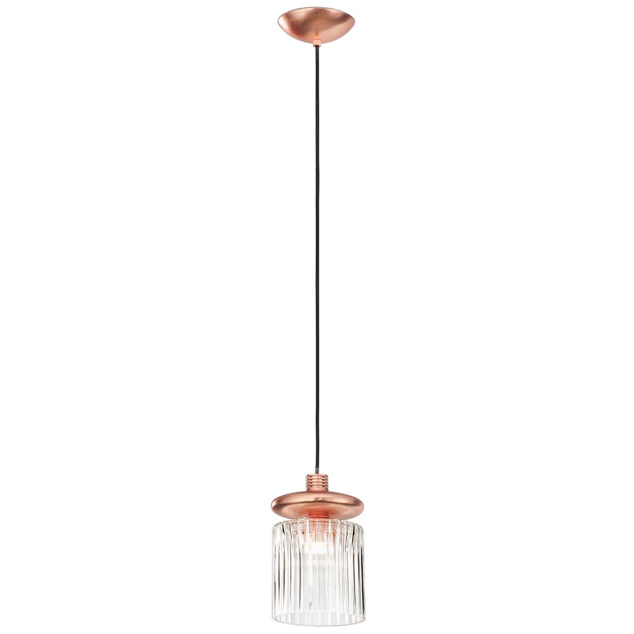 For Sale: Clear (Transparent Crystal) Vistosi LED Tread Single Suspension Light Murano Blown Glass with Copper Frame