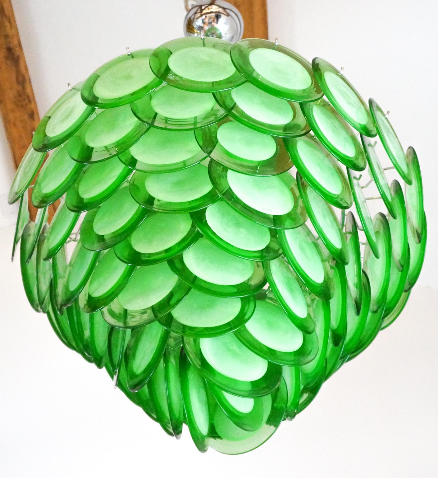Hand-Crafted Vistosi Mid-Century Modern Green Murano Glass Chandelier 