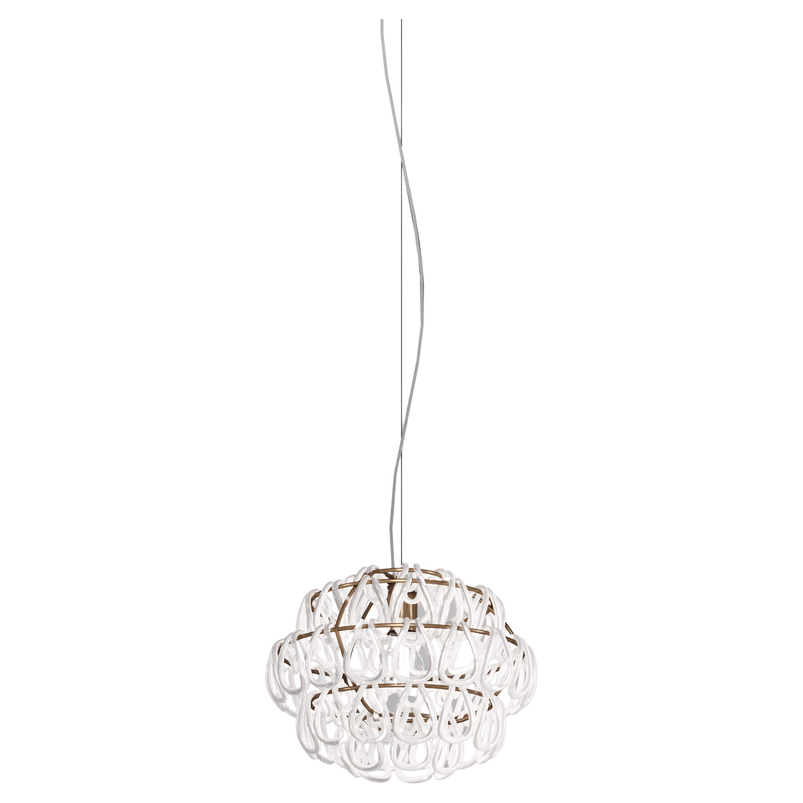 Lampe à suspension Vistosi Minigiogali en verre blanc et cadre en bronze mat