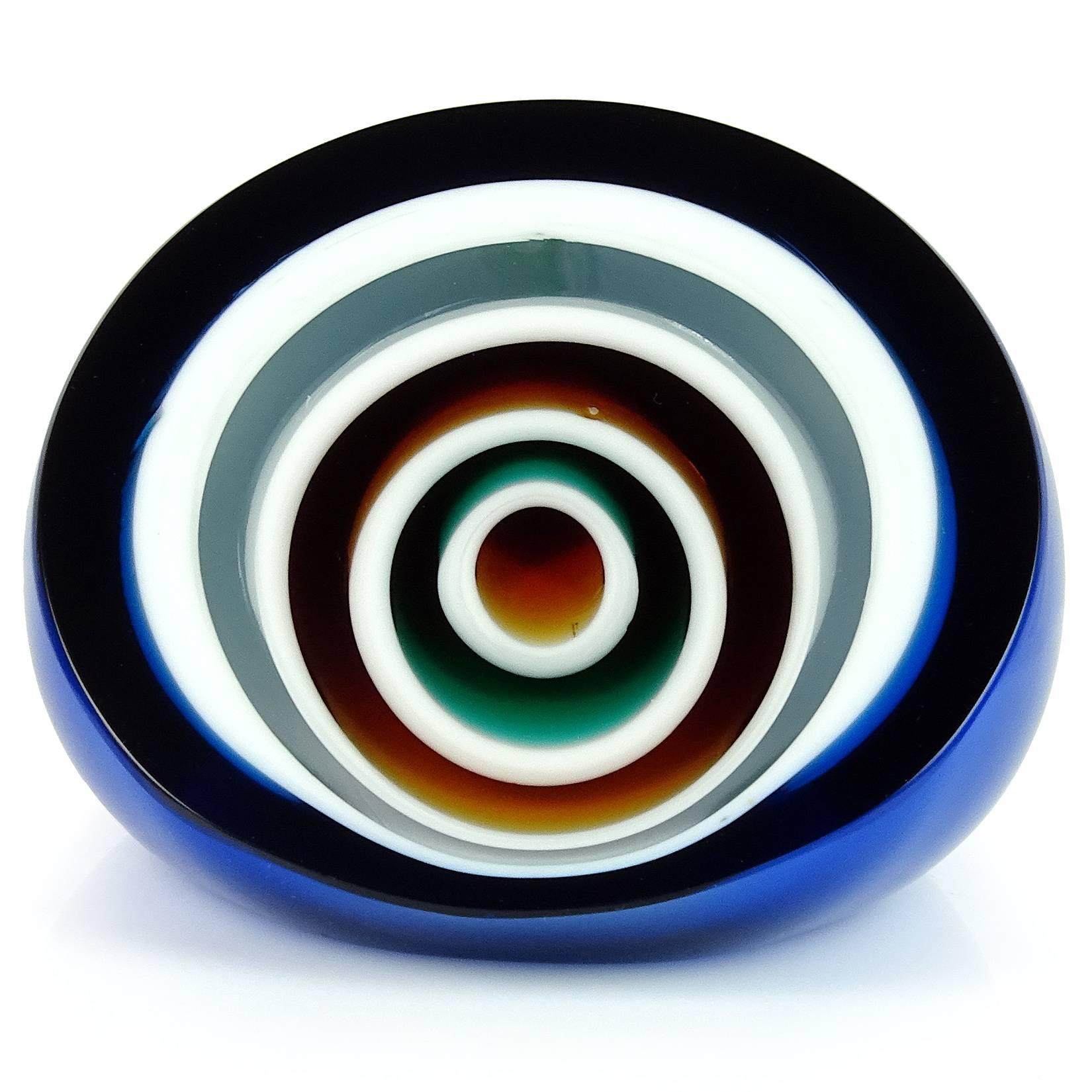 Space Age Vistosi Murano Blue White Orange Black Bullseye Italian Art Glass Paperweight