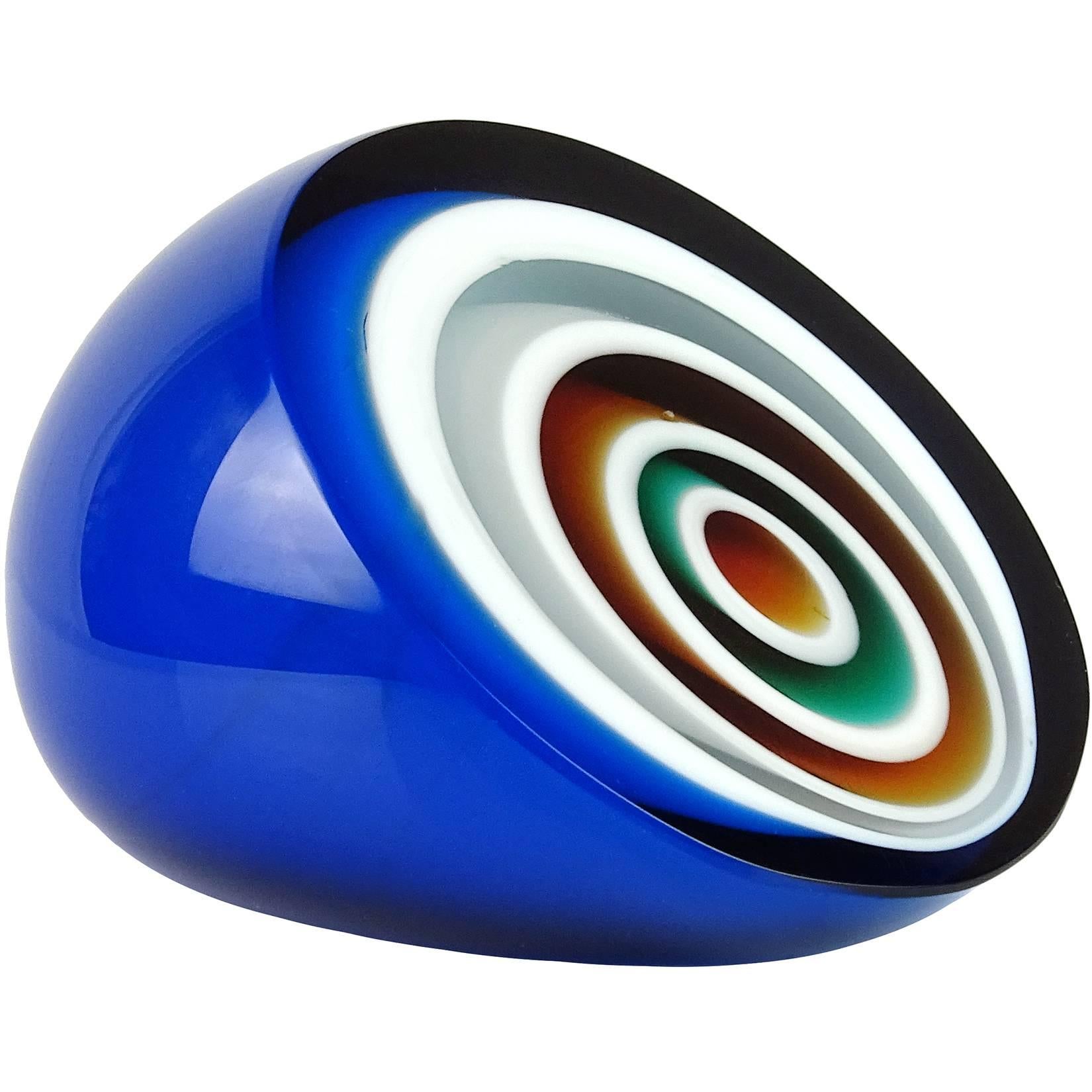 Vistosi Murano Blue White Orange Black Bullseye Italian Art Glass Paperweight