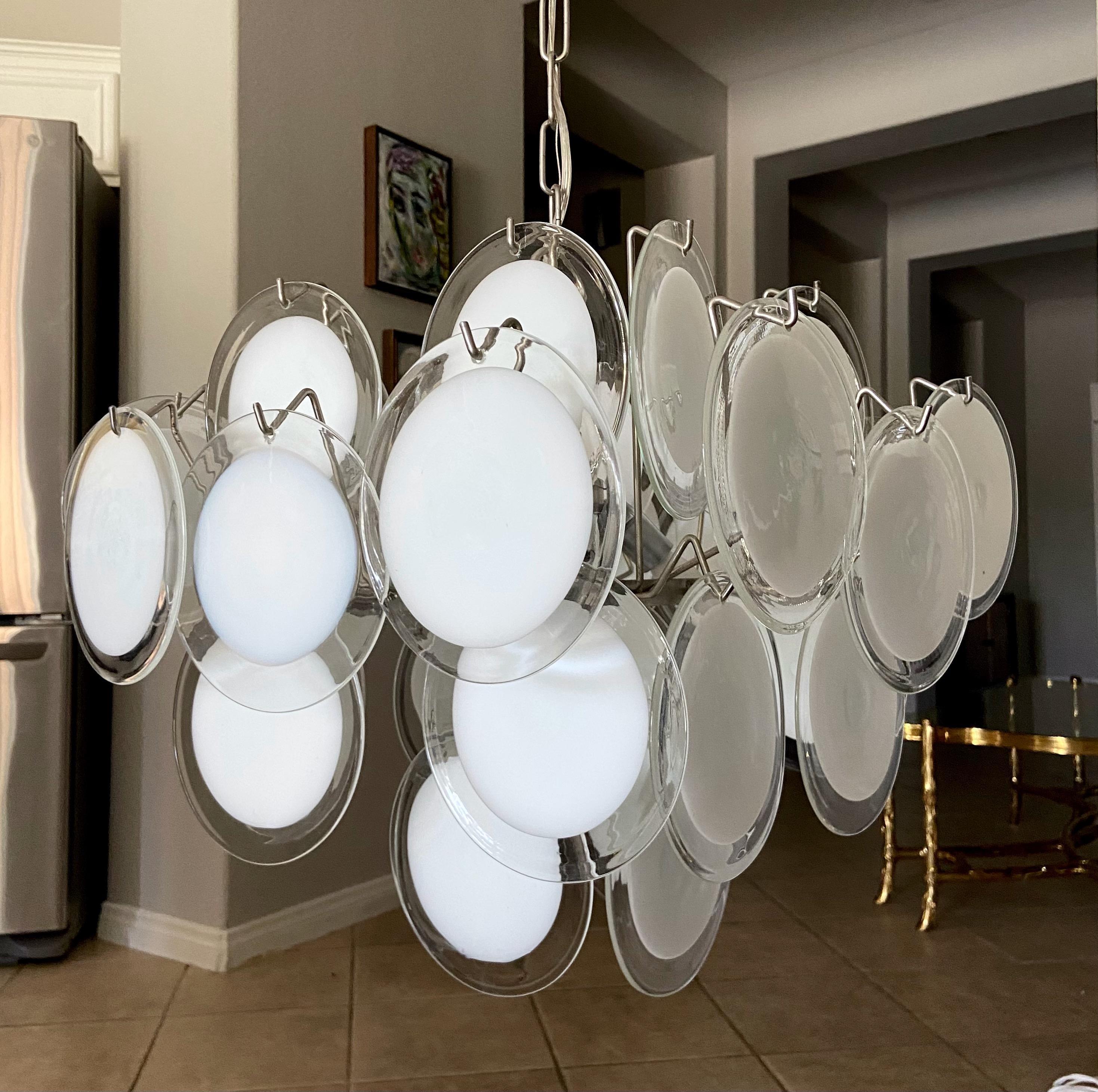 Italian Vistosi Murano Clear & White Disc Chandelier For Sale