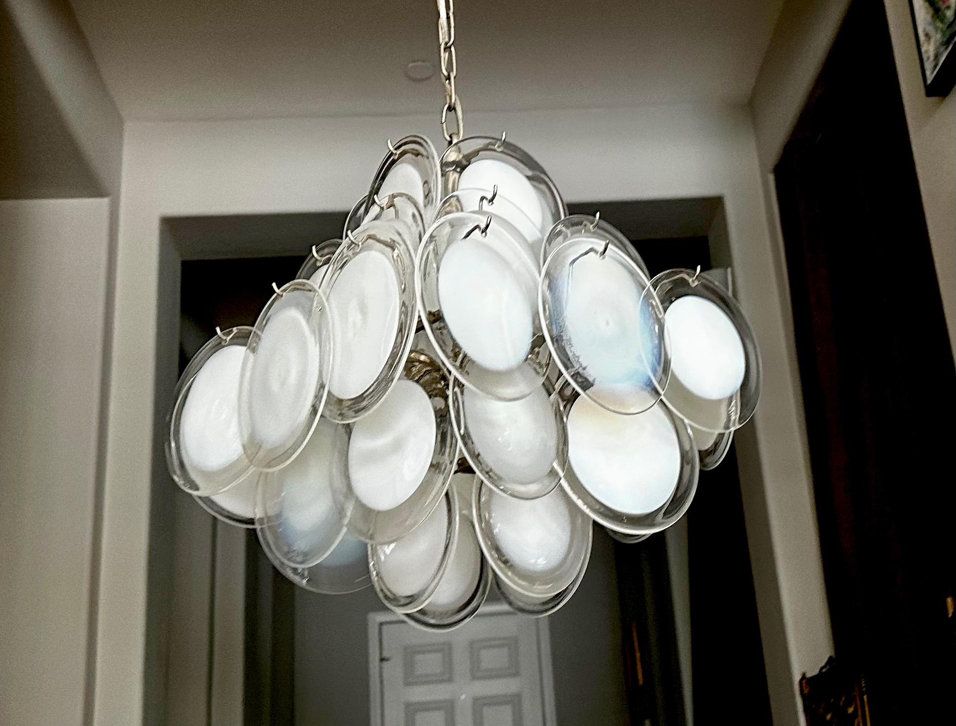 Mid-20th Century Vistosi Murano Clear & White Disc Chandelier For Sale