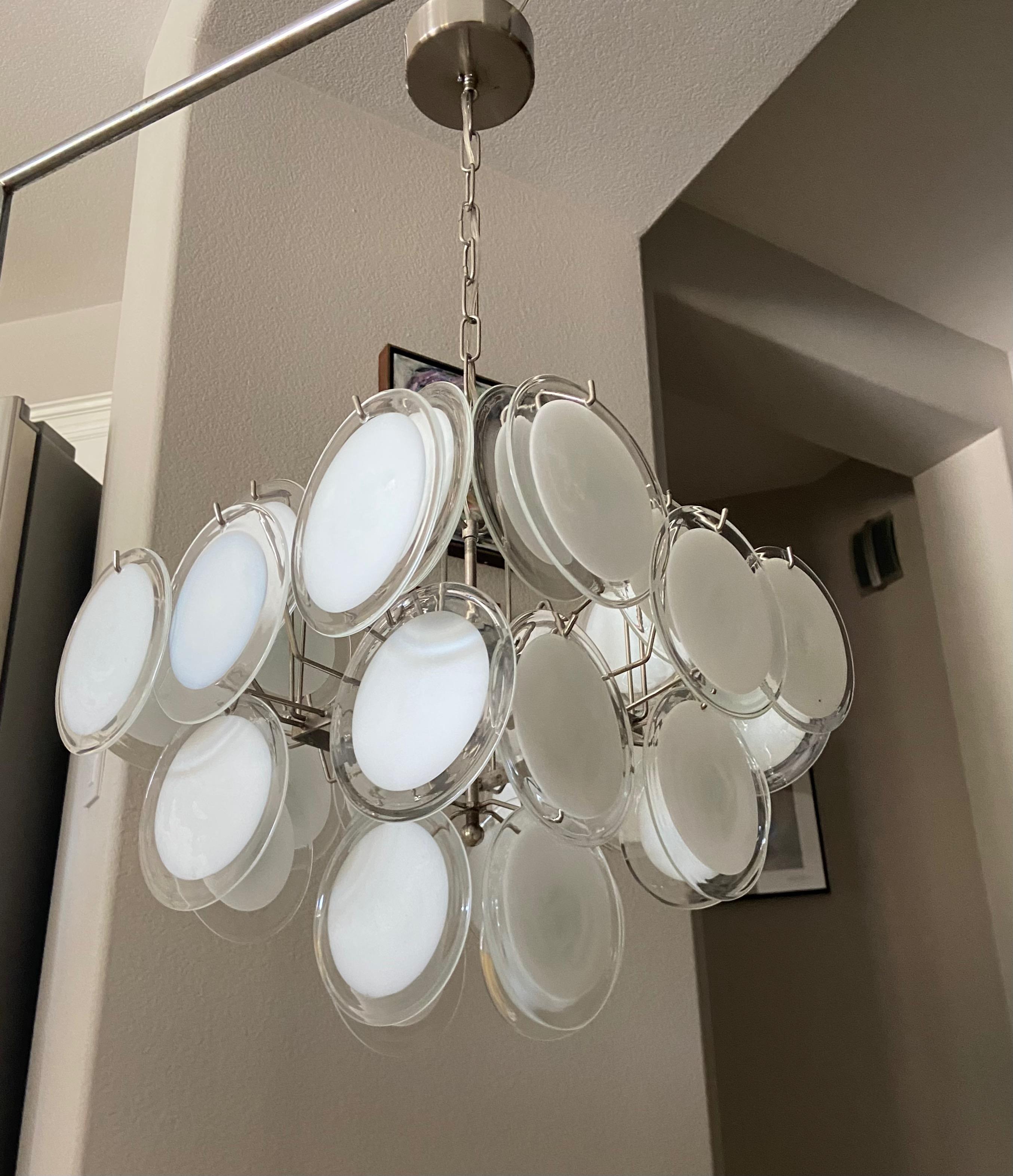 Metal Vistosi Murano Clear & White Disc Chandelier For Sale
