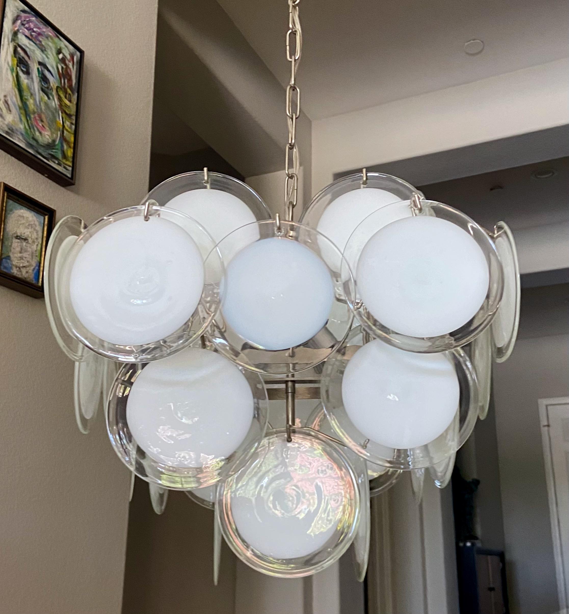 Vistosi Murano Clear & White Disc Chandelier For Sale 2