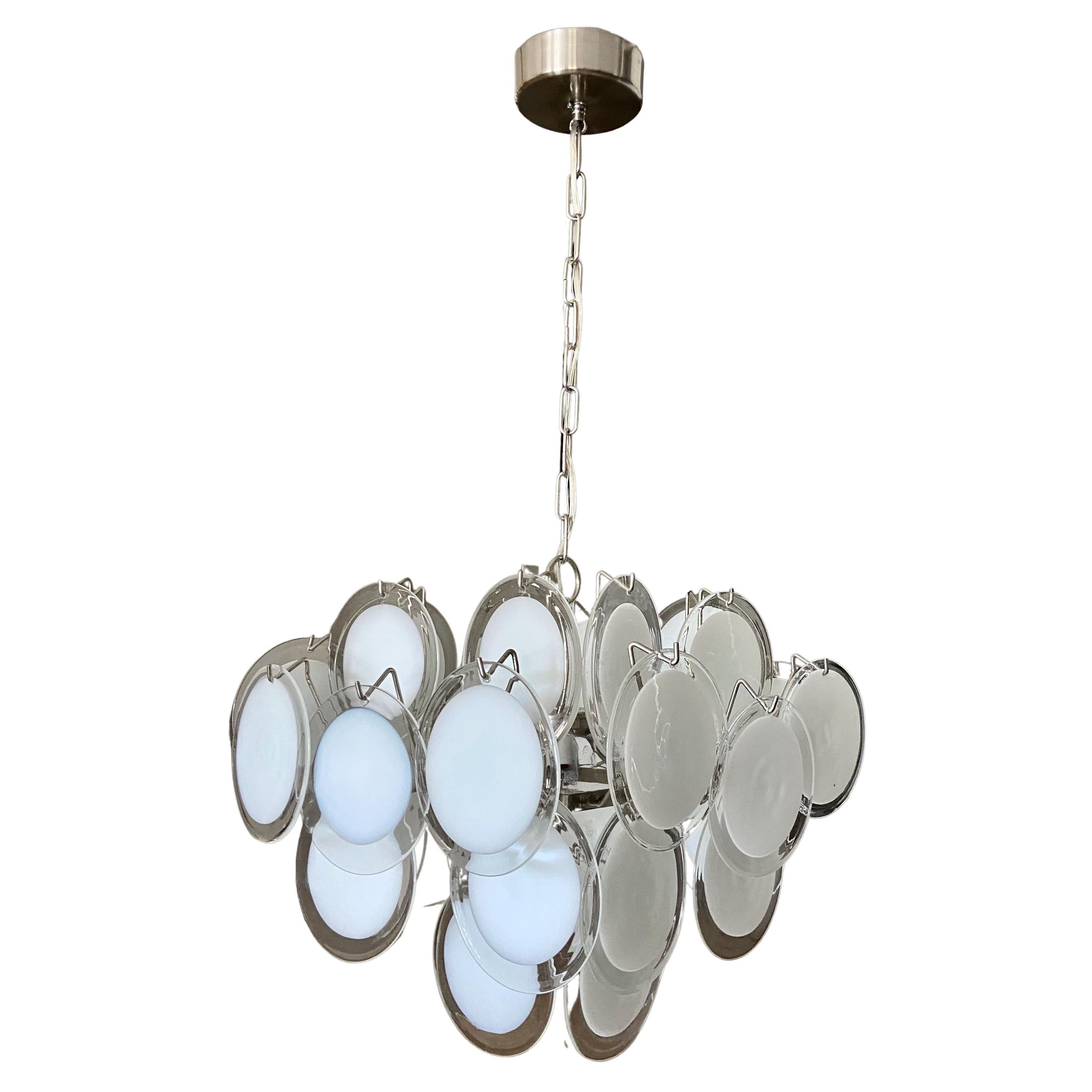Vistosi lampadario a disco bianco e trasparente di Murano