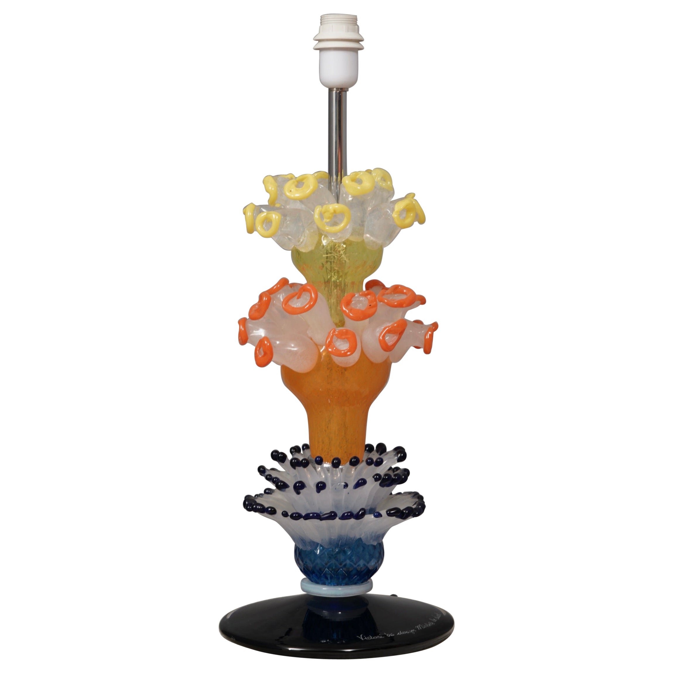 Vistosi Murano Orange Yellow and Blu Art Glass Color Table Lamp, 2006