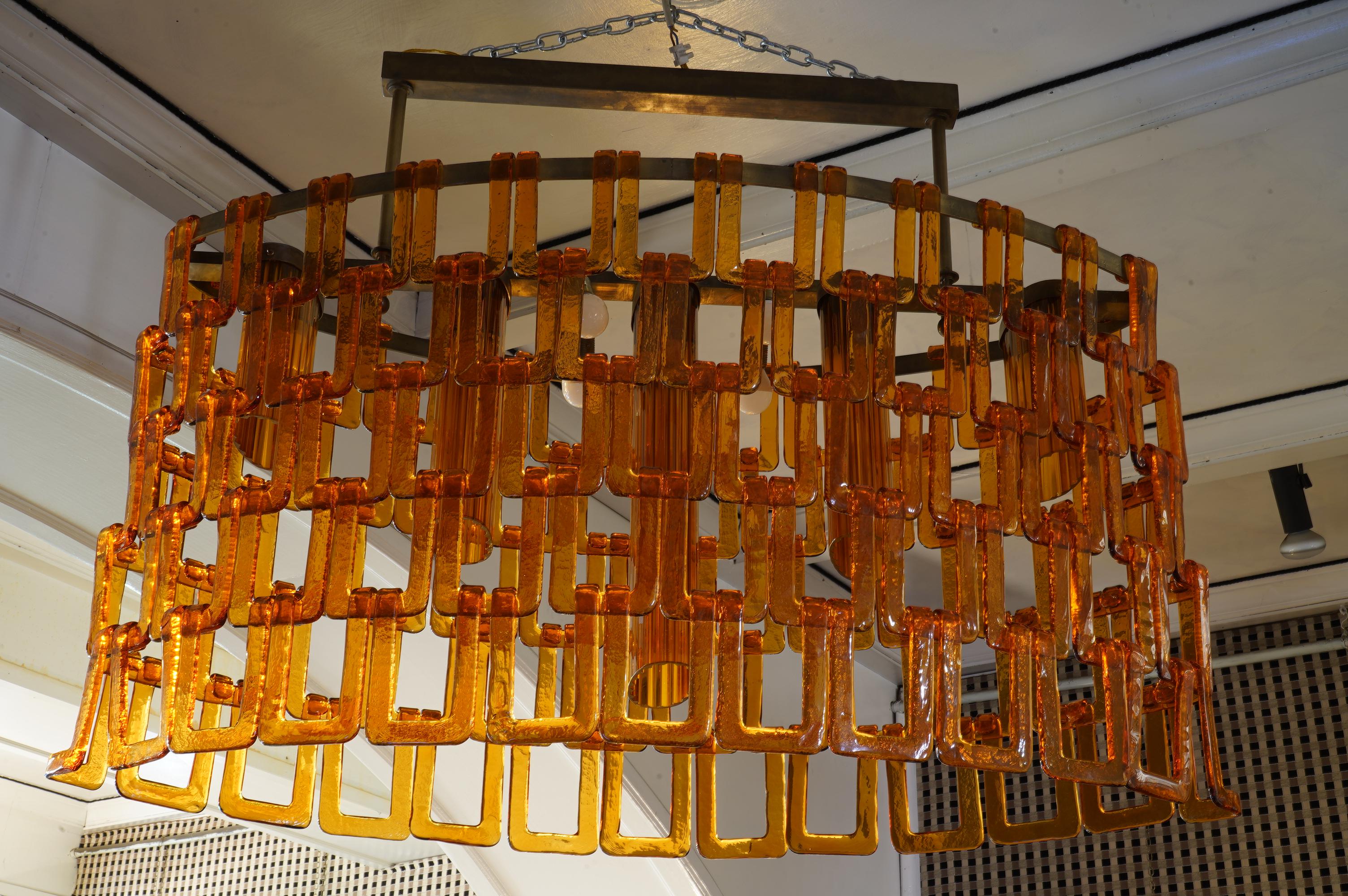 Vistosi Murano Oval Orange Glass and Brass Chandelier, 1970 3