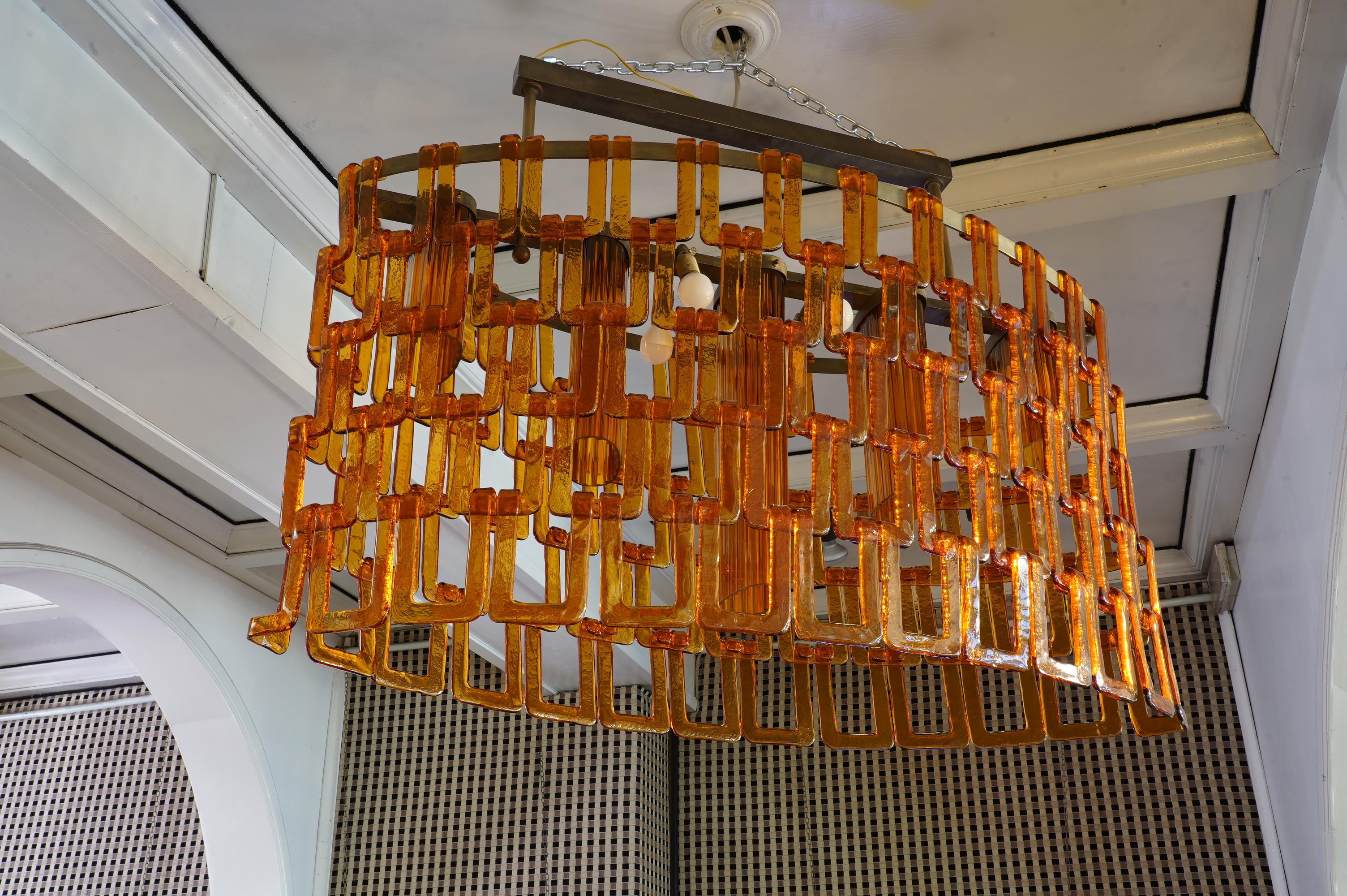 Vistosi Murano Oval Orange Glass and Brass Chandelier, 1970 1
