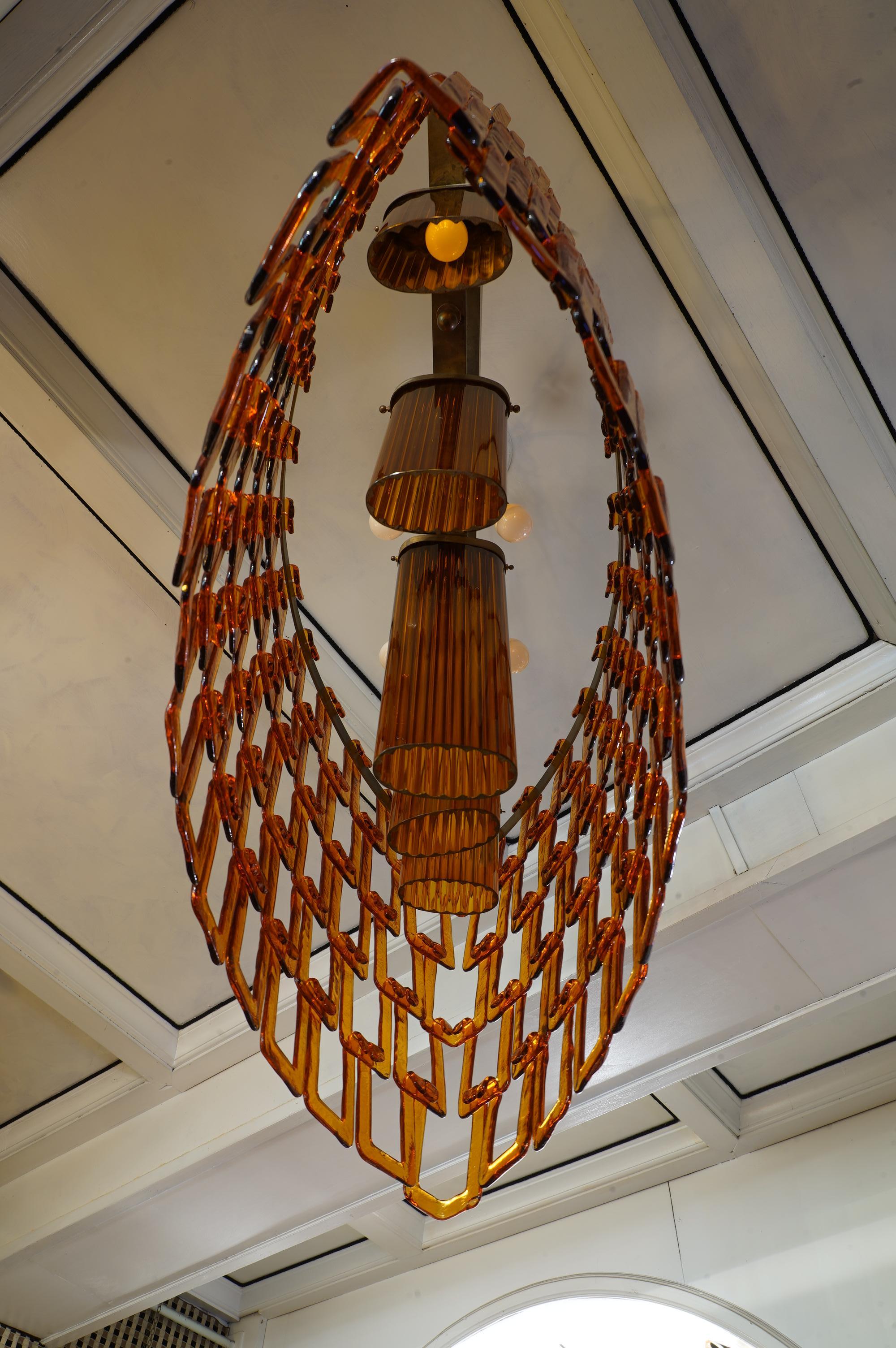 Vistosi Murano Oval Orange Glass and Brass Chandelier, 1970 2