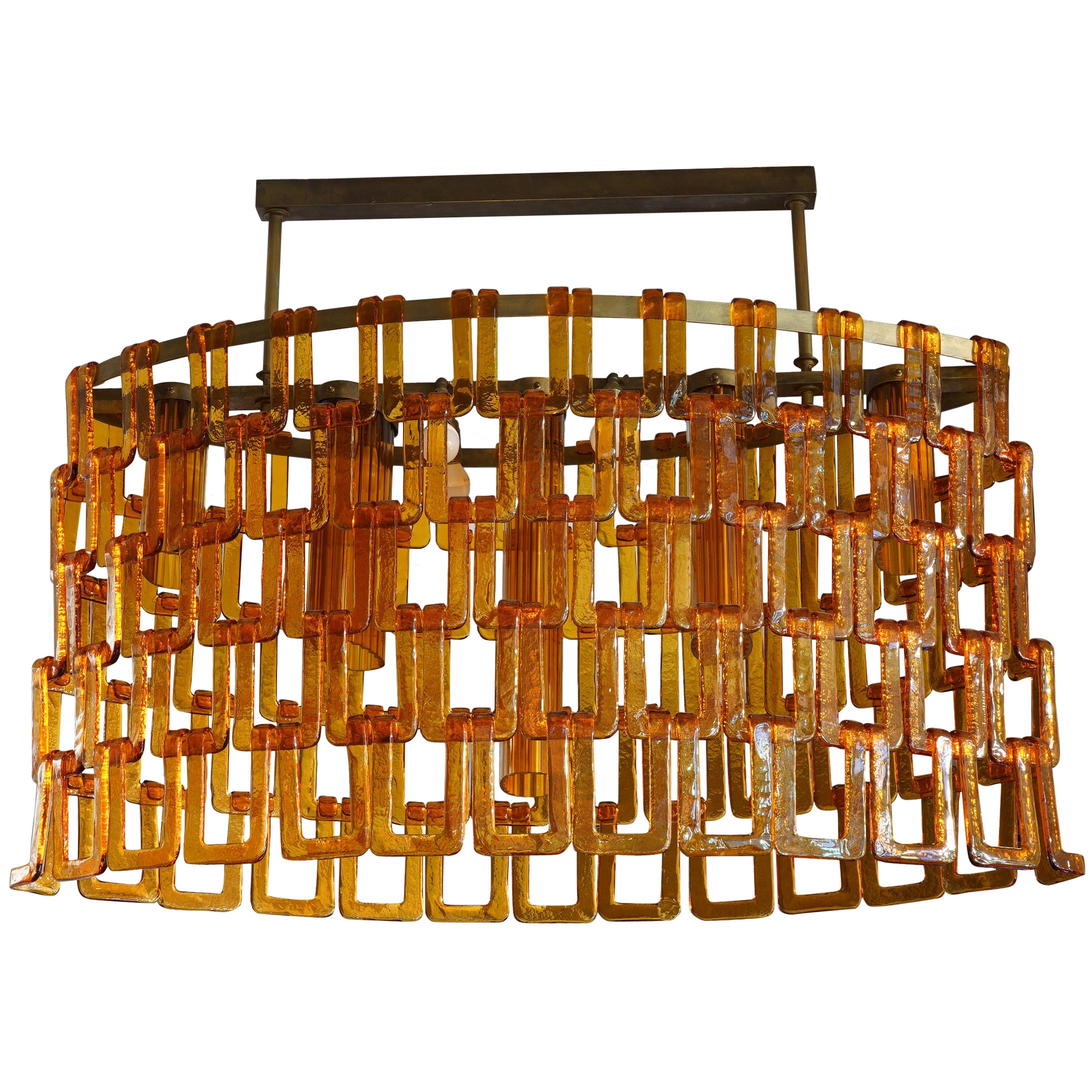 Vistosi Murano Oval Orange Glass and Brass Chandelier, 1970