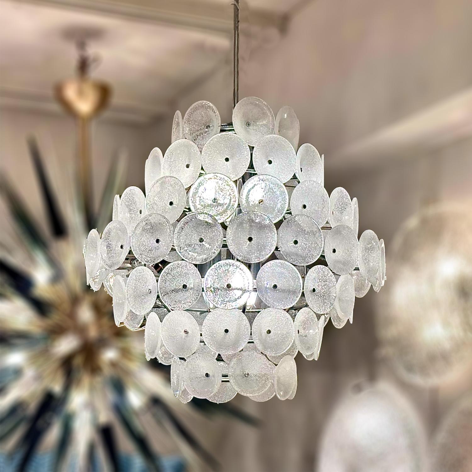 Modern Vistosi Murano Pulegoso Glass Cup and Chrome Tiered Chandelier 1970s For Sale