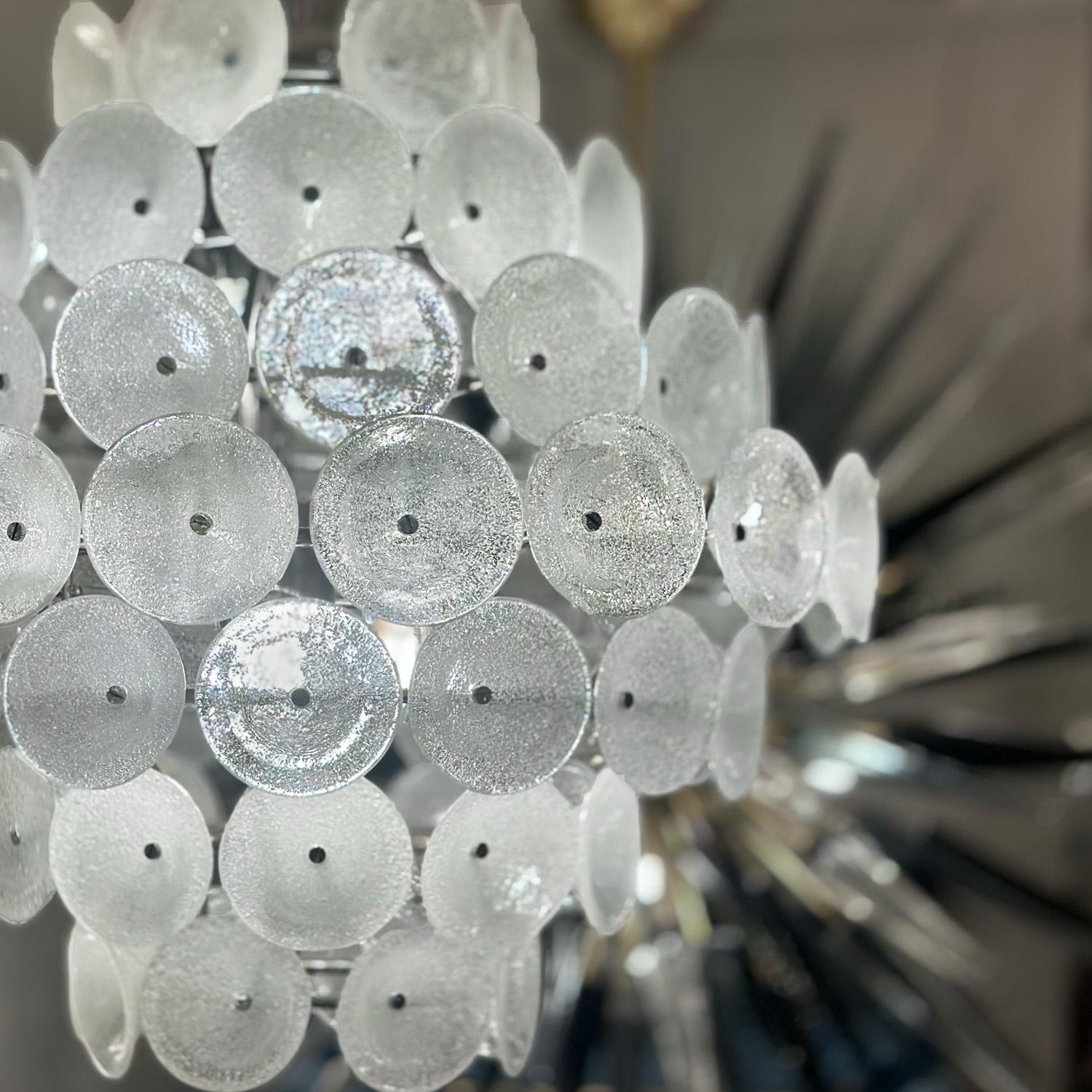 Hand-Crafted Vistosi Murano Pulegoso Glass Cup and Chrome Tiered Chandelier 1970s For Sale